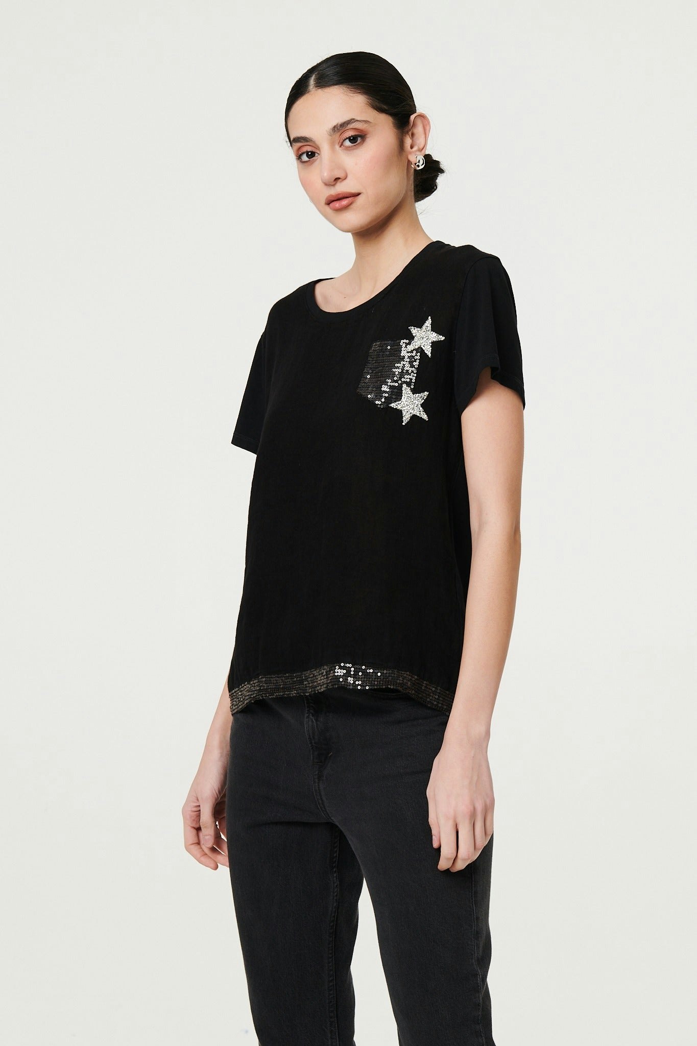 Izabel London Black Metallic Star Detail Relaxed T-Shirt - 10