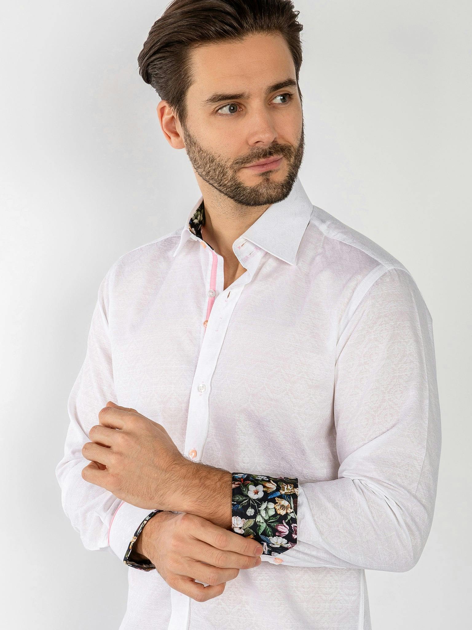 Claudio Lugli White Textured Jacquard Shirt With Dark Floral Insert - Image 2