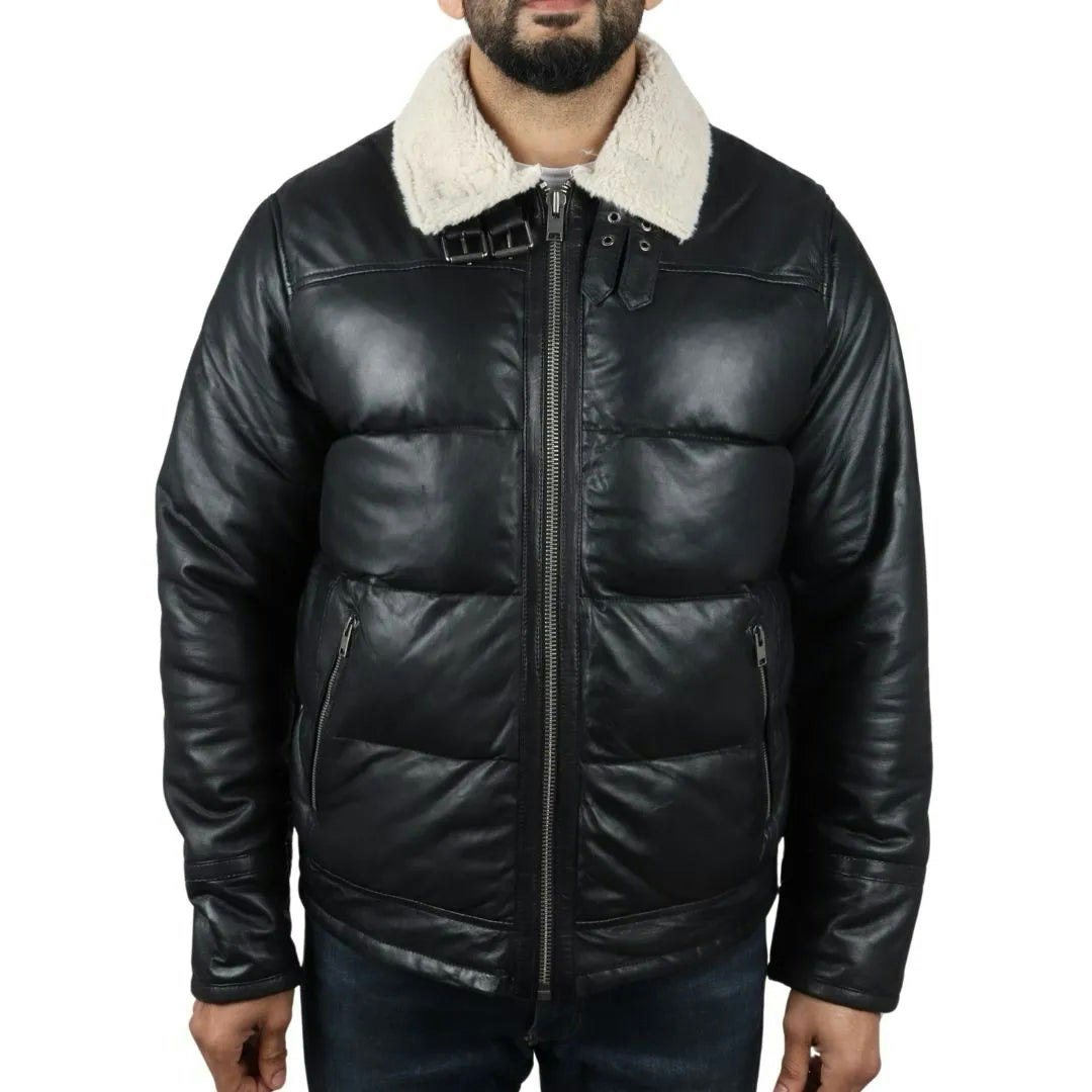 Infinity Leather Men's Black Leather Company Puffer Quilted Aviator Bomber Jacket - 4XL