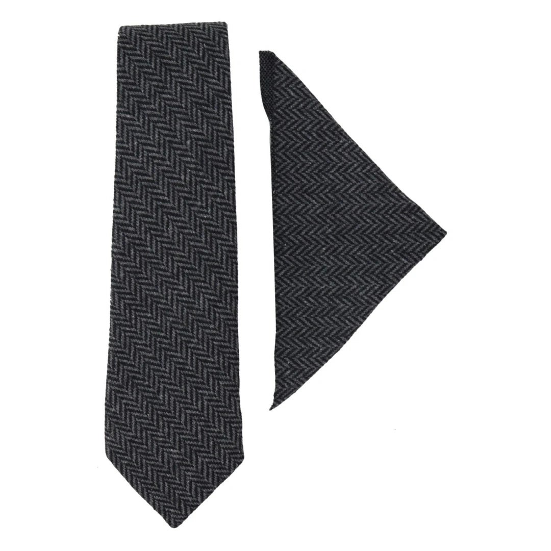 Truclothing Men's Tweed Tie Hankie Set Classic British Heritage Wool Herringbone - Charcoal