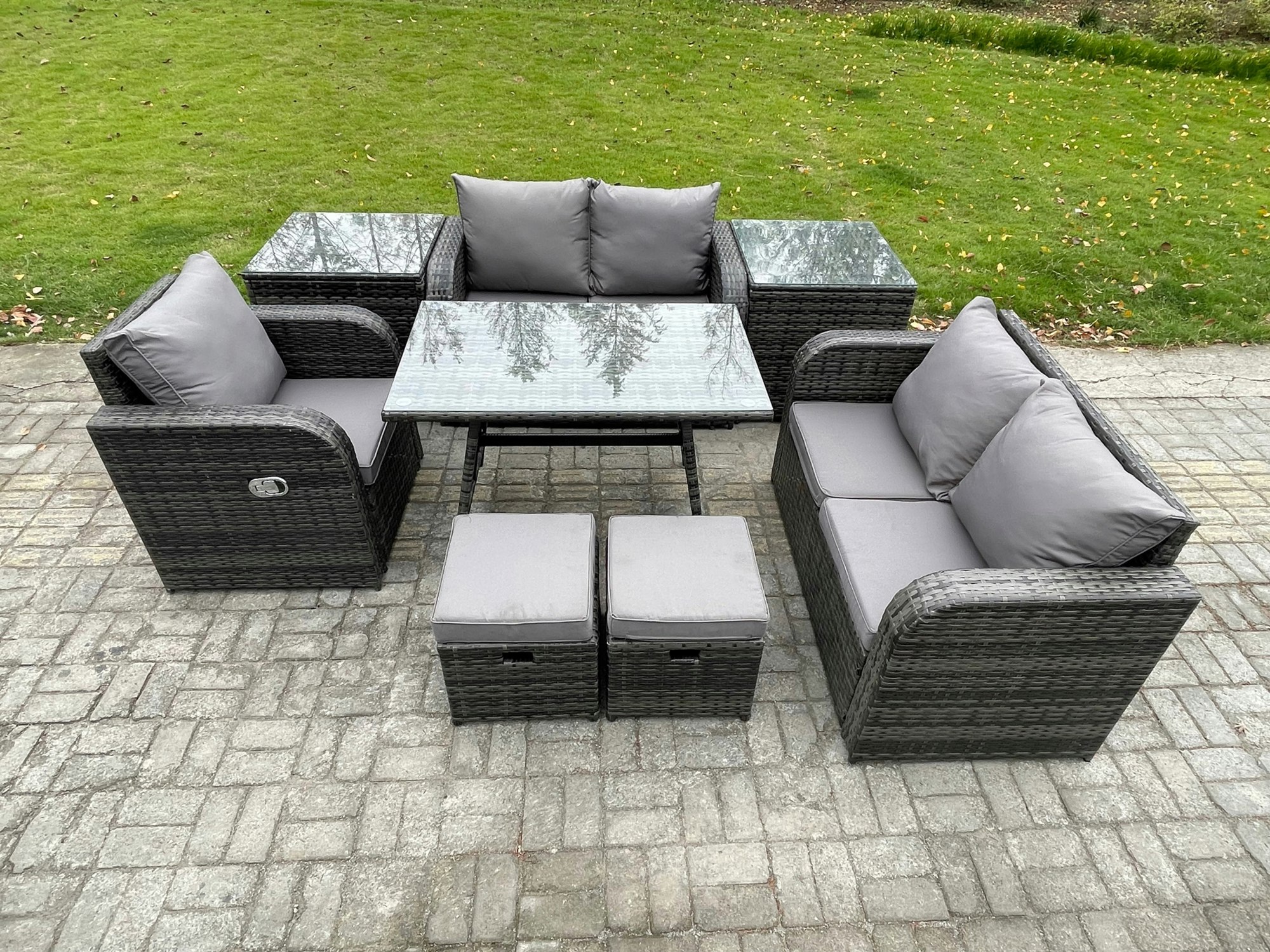 Rackhams Dark/Grey 7 Seater Outdoor Garden Dining Sets Rattan Furniture With Dining Table Armchairs Love Sofa 2 Small Footstools 2 Side Tables Mixed