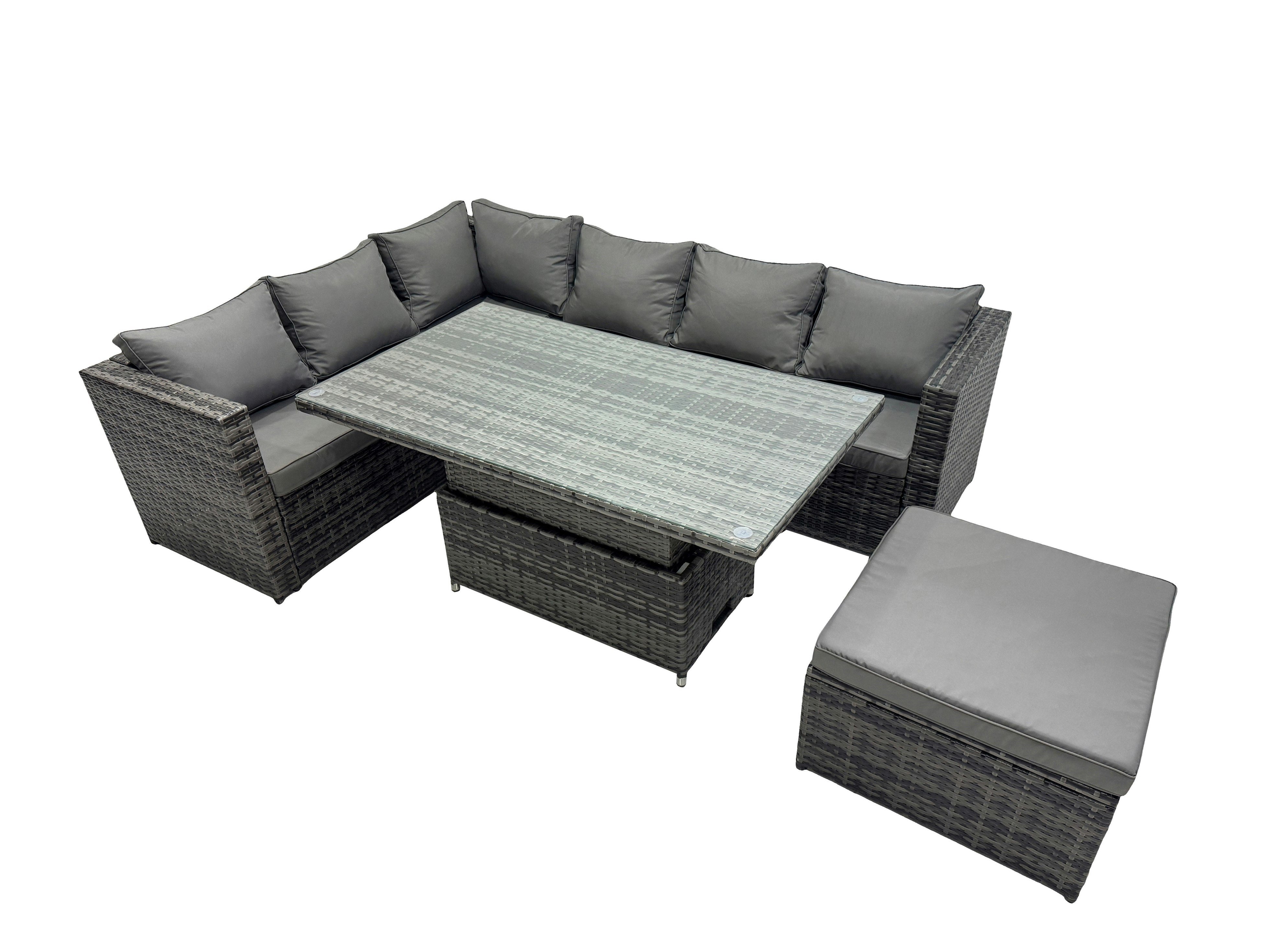 Rackhams Dark/Grey 7 Seater Height Adjustable Rising Lifting Table Corner Sofa Set Rattan Garden Furniture Dining Set With Big Stool Mixed