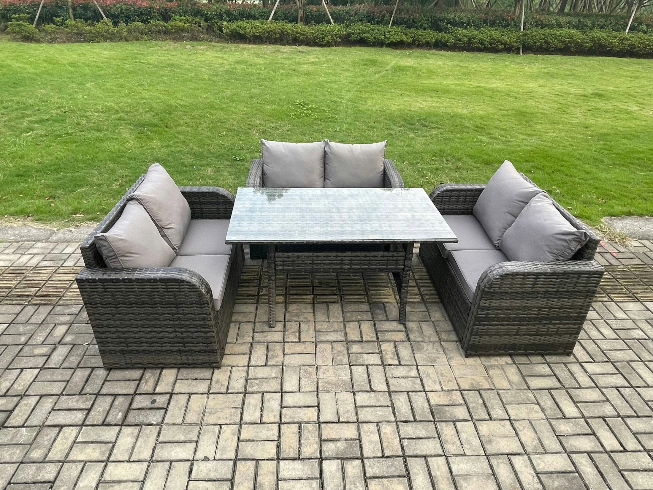 Fimous Dark/Grey Wicker Pe Rattan Sofa Outdoor Garden Furniture Set With Rectangular Dining Table Mixed