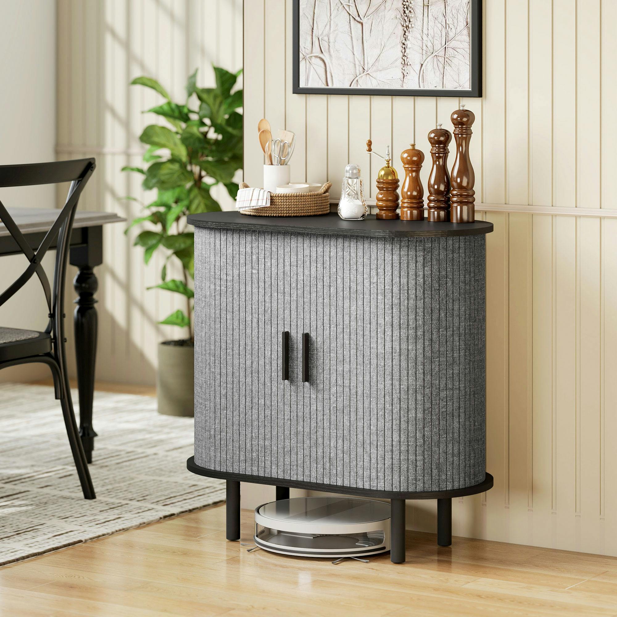 Rackhams Grey/Black Modern Sideboard With 2 Sliding Doors Tambour Kitchen Cupboard - Matte And - Sideboard