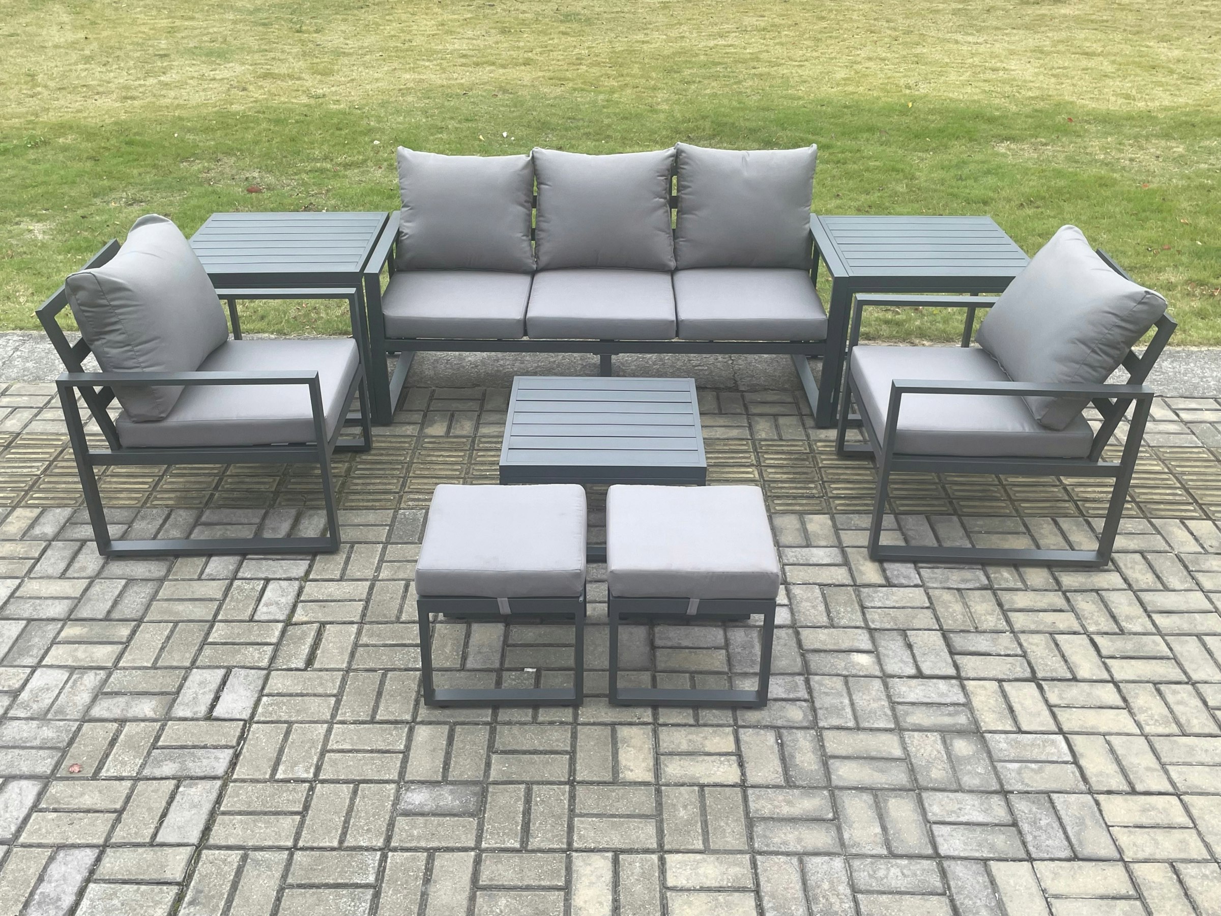 Rackhams Dark/Grey Aluminium 7 Seater Outdoor Lounge Sofa Set Garden Furniture Sets With Square Coffee Table 2 Chairs 2 Small Footstools 2 Side Tables