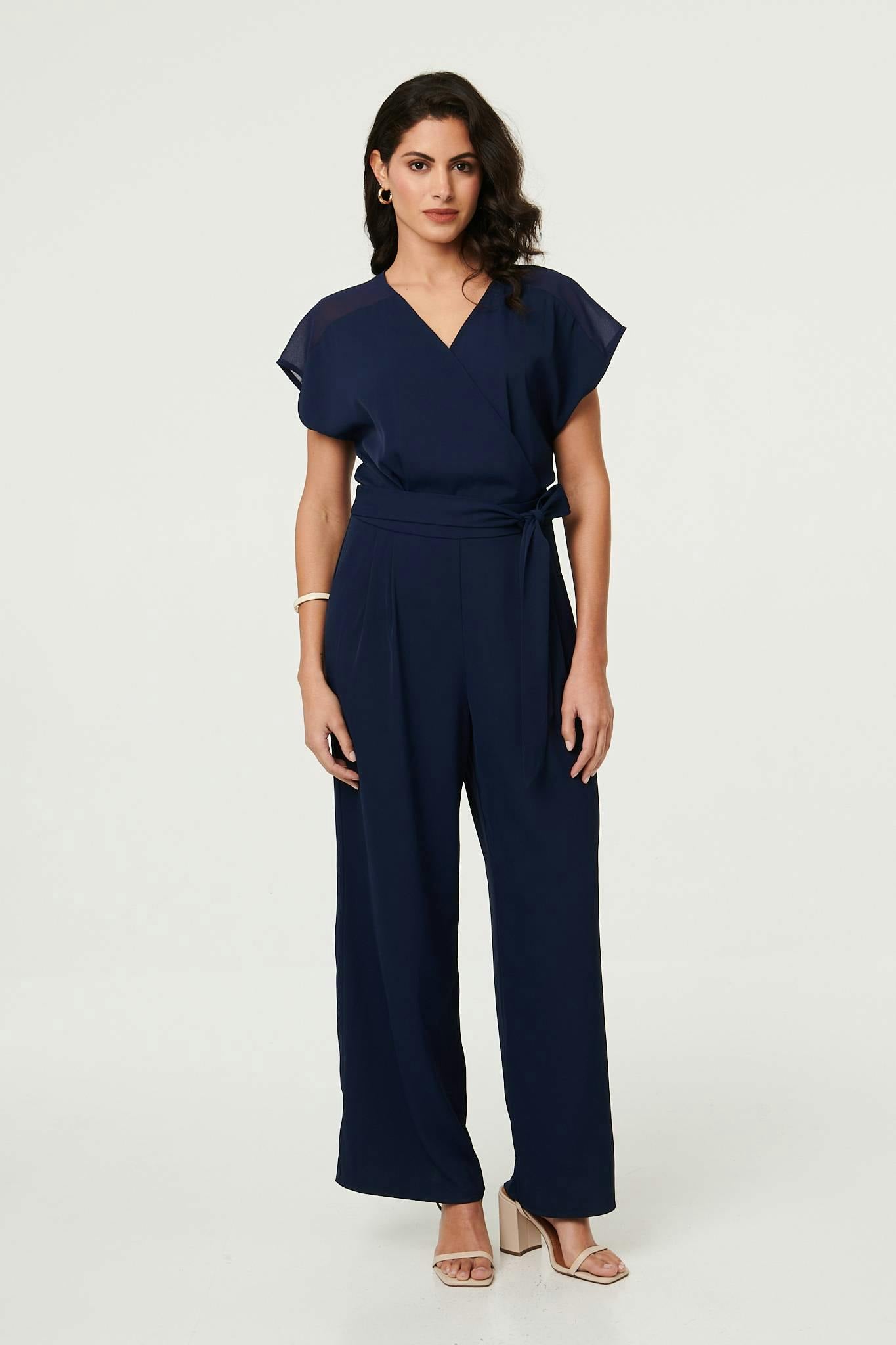 Izabel London Cap Sleeve Relaxed Tie Waist Jumpsuit - 8 - Navy