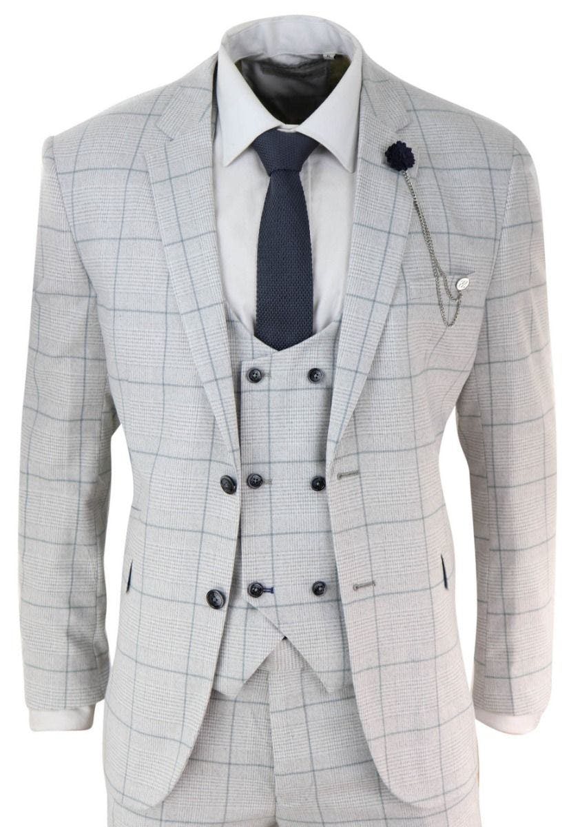 House Of Cavani Men's Light/Grey 3 Piece Check Tweed Vintage Retro Classic Suit - 52" Jacket 46" Trousers