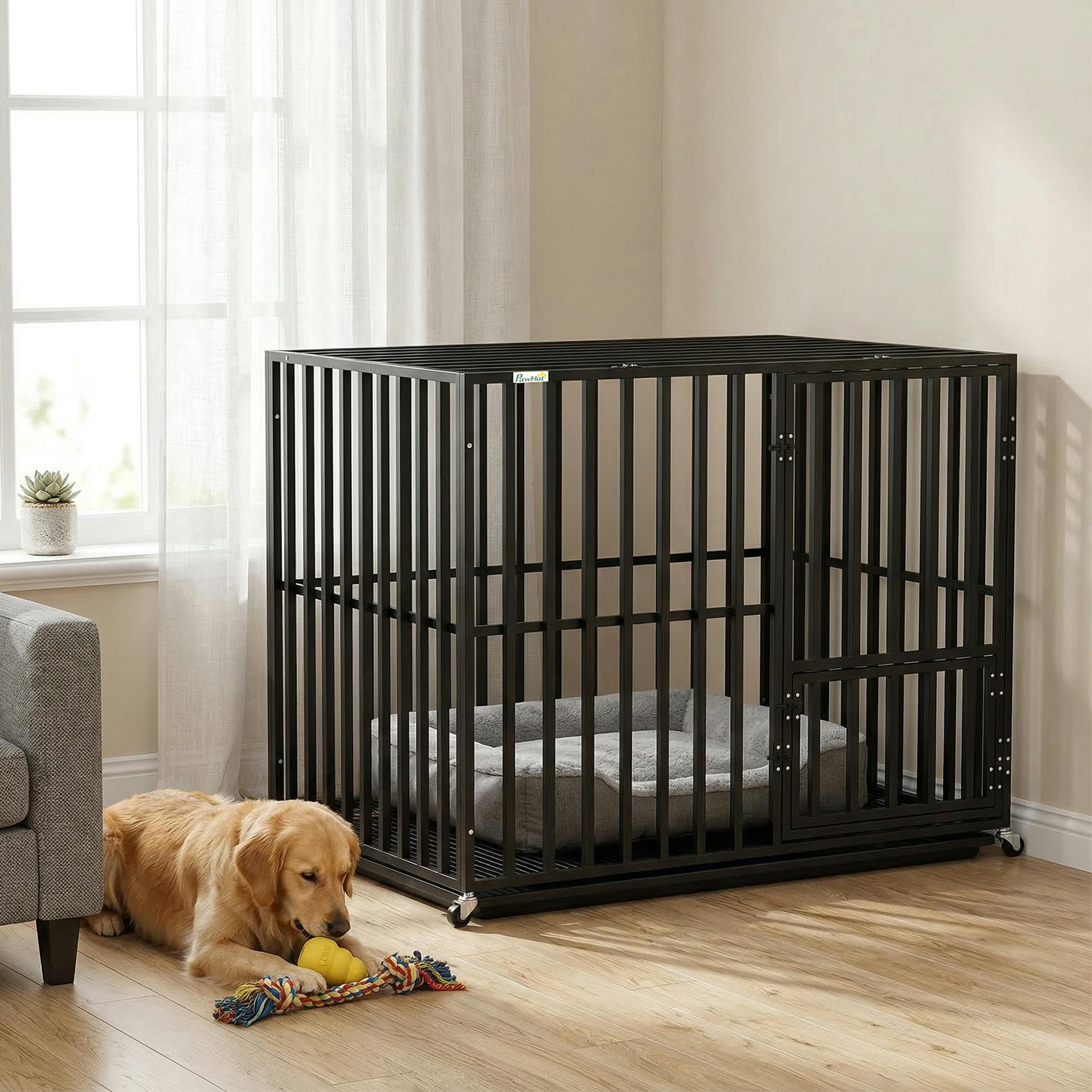Pawhut Black Heavy Duty Dog Crate, Dog Cage With Wheels For Medium Large Breeds - Heavy Duty Dog Crate - 107 X 69 X 81 Cm