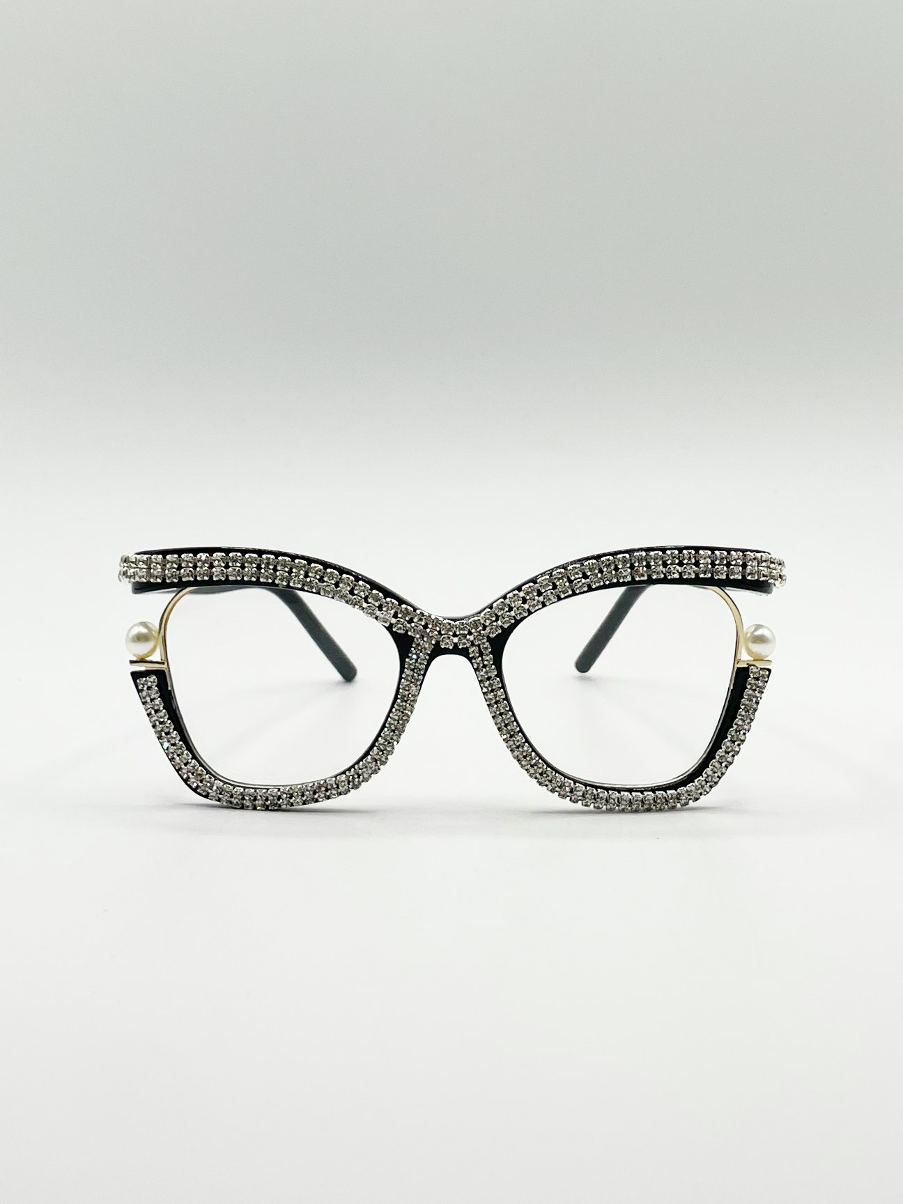 Svnx Black Festival Diamante With Pearls Cateye Glasses - One Size