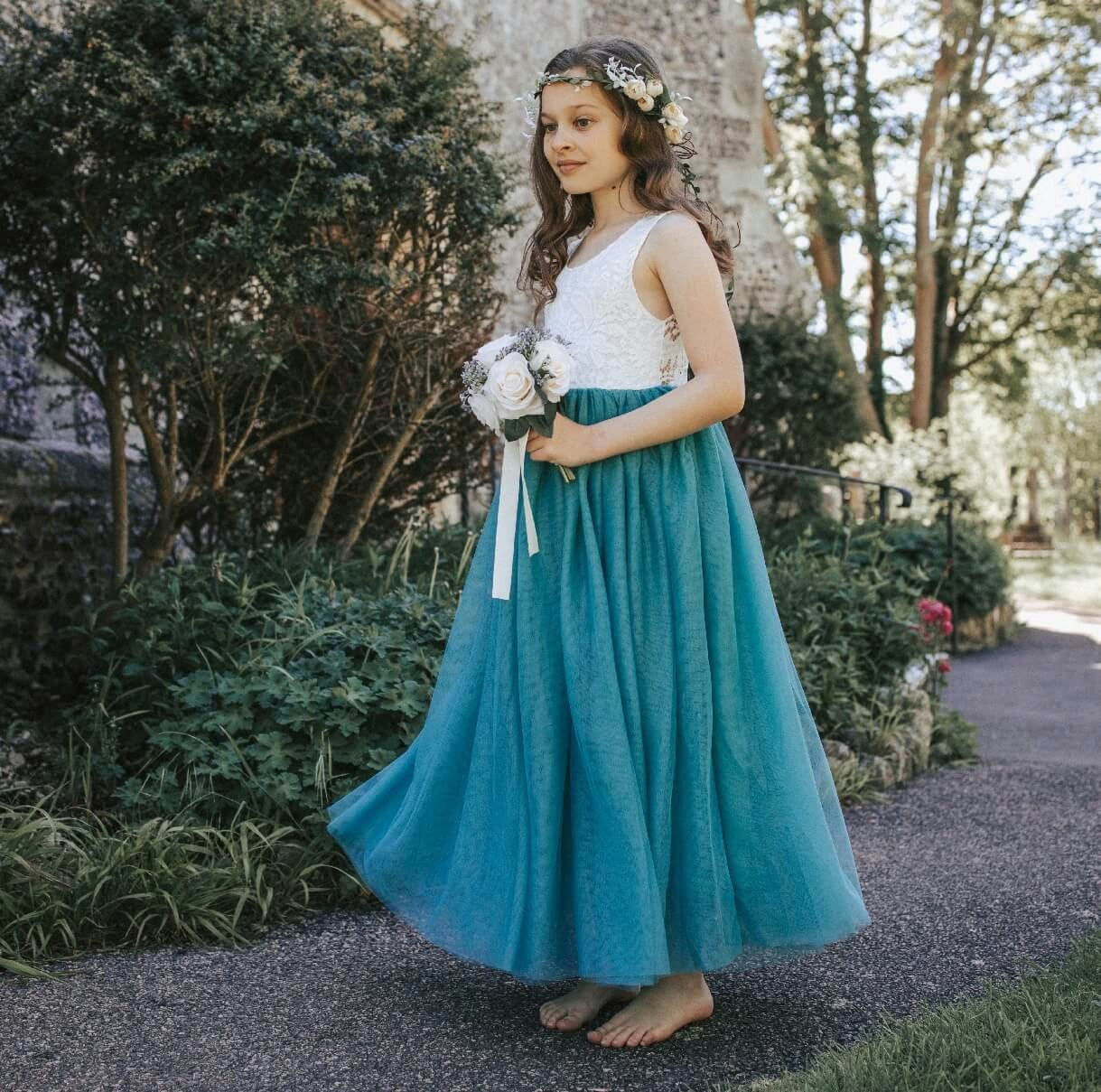Uk Flower Girl Boutique Girls White Uk Flower Boutique Bohemian Classic Dress - Teal - 11/12 Years