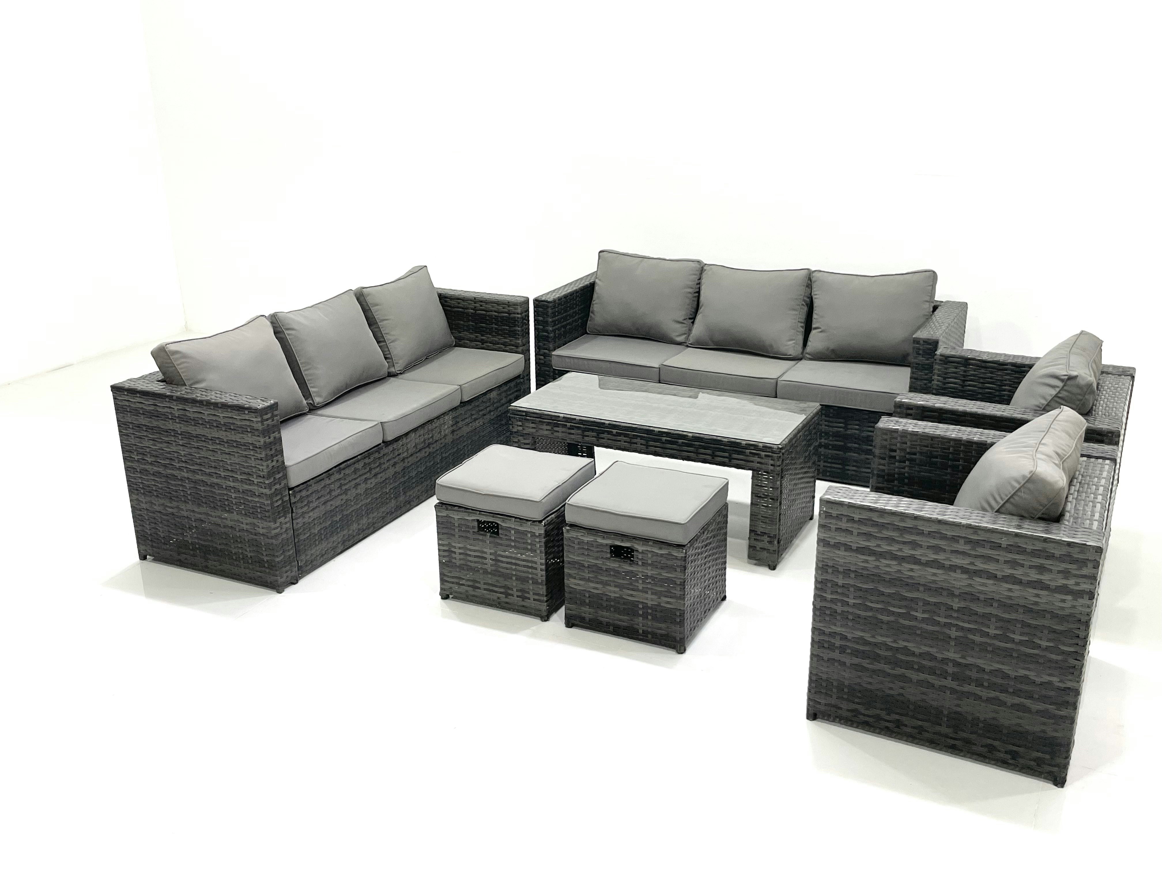 Rackhams Dark/Grey Rattan Garden Furniture Sofa Set With Coffee Table Armchair 2 Small Footstools Mixed