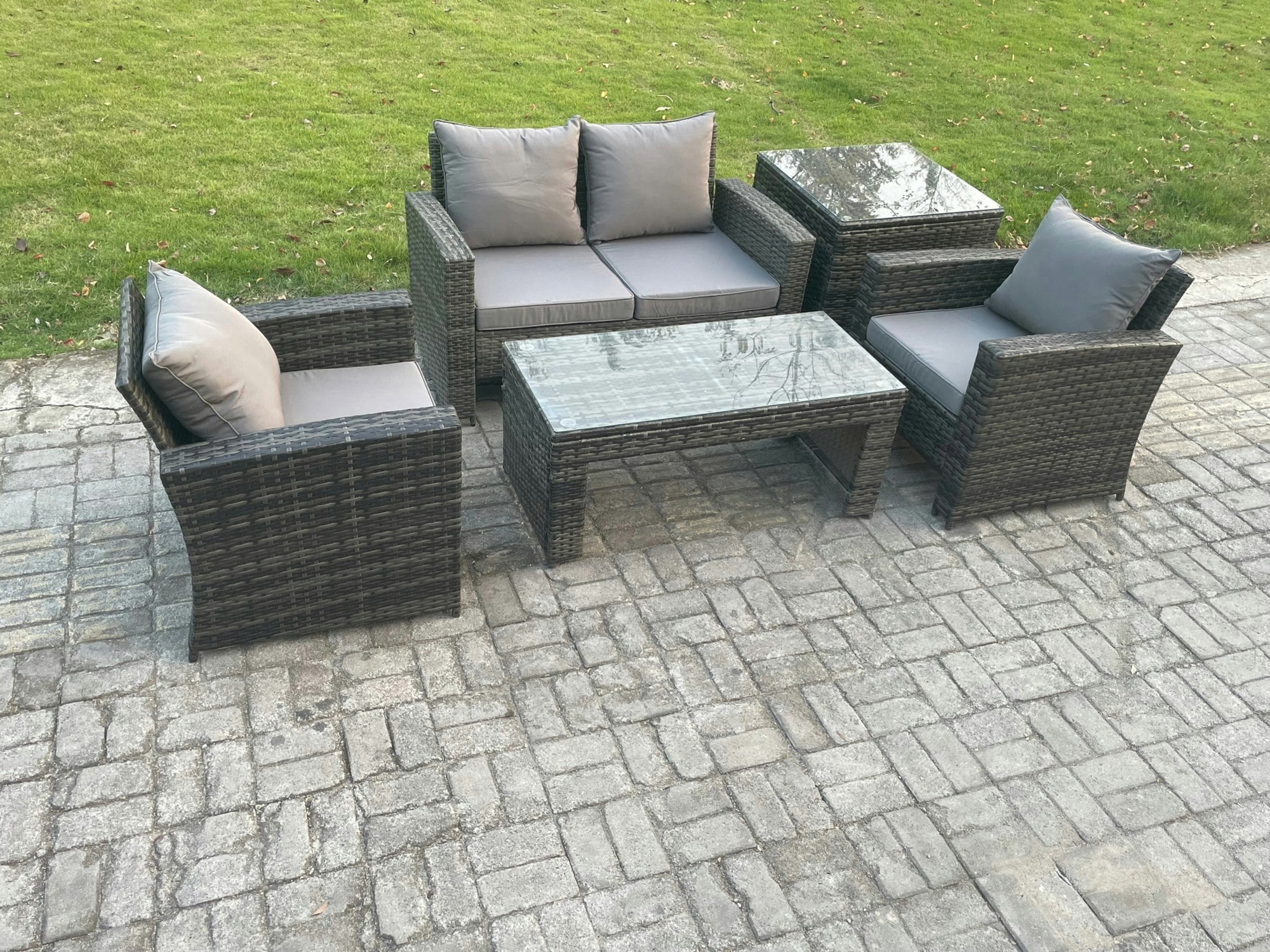 Fimous Dark/Grey 4 Seater Outdoor Rattan Garden Furniture Set Patio Lounge Sofa Set With Coffee Table Side Table Mixed