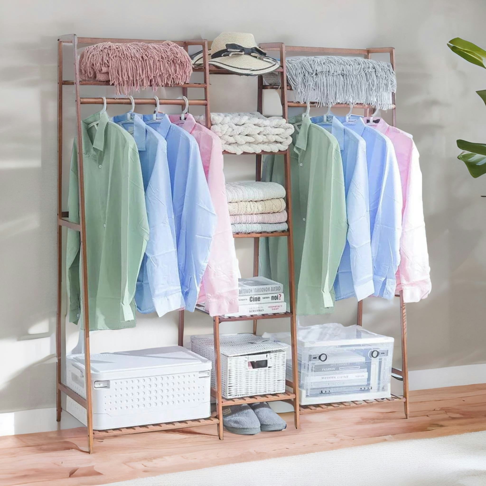 Rackhams Large Wooden Open Wardrobe Garment Rail With Storage Shelves Natural
