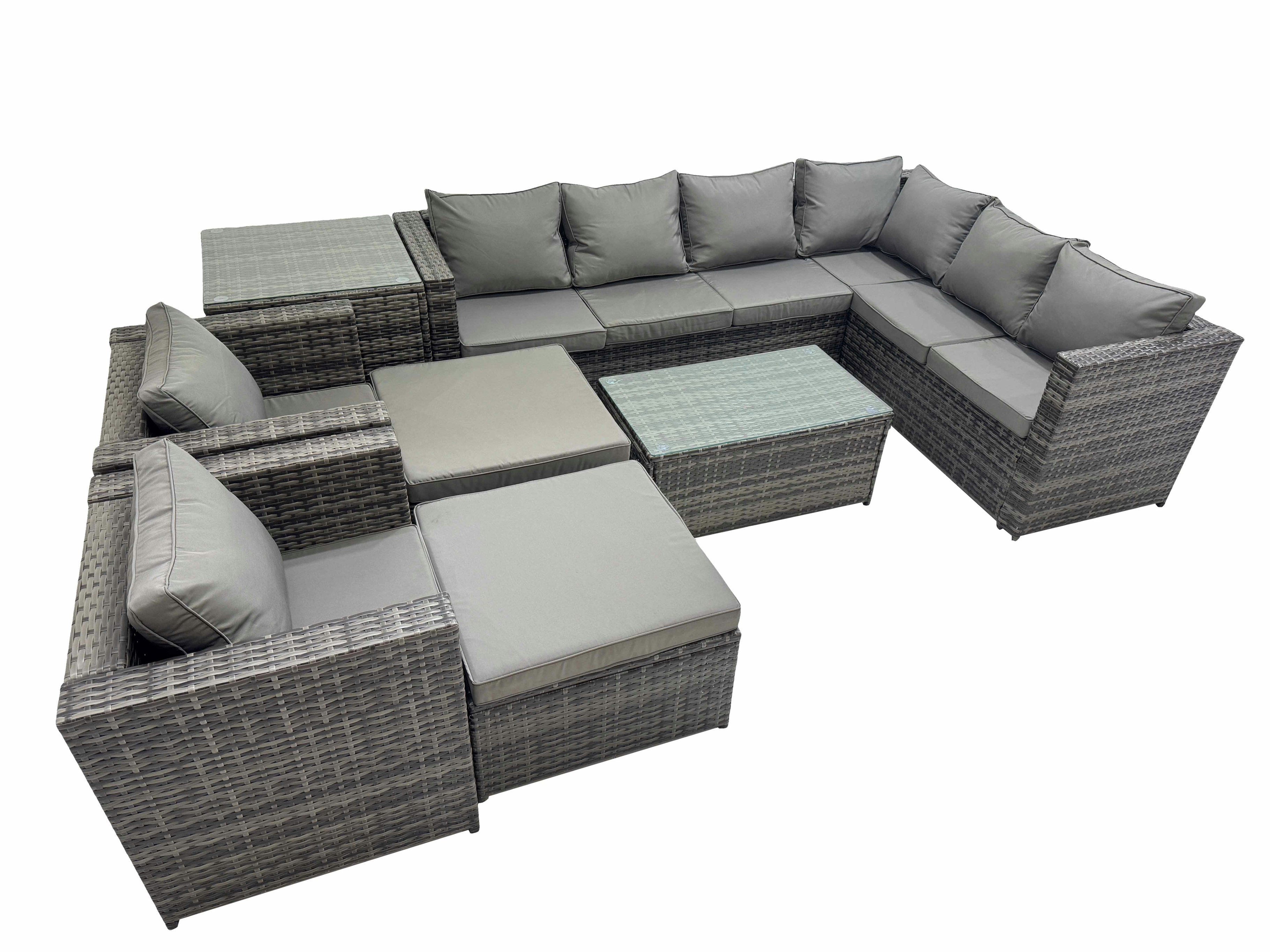 Rackhams Dark/Grey Patio Sofa Oblong Coffee Table Set Rattan Garden Furniture Set With 2 Chairs 2 Big Stools Side Table Mixed