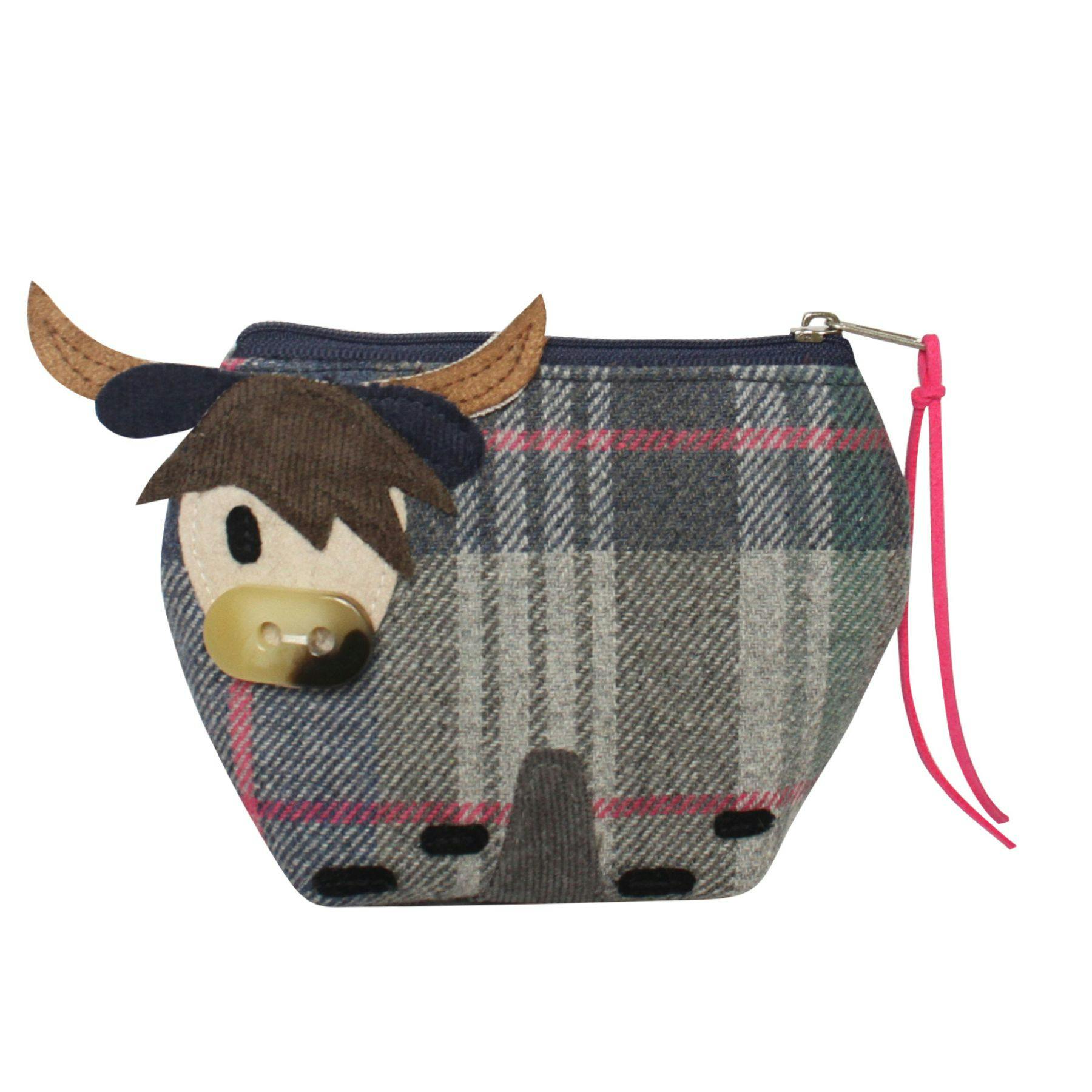 Earth Squared Highland Cow Button Nose Purse – Tartan Tweed - Drem