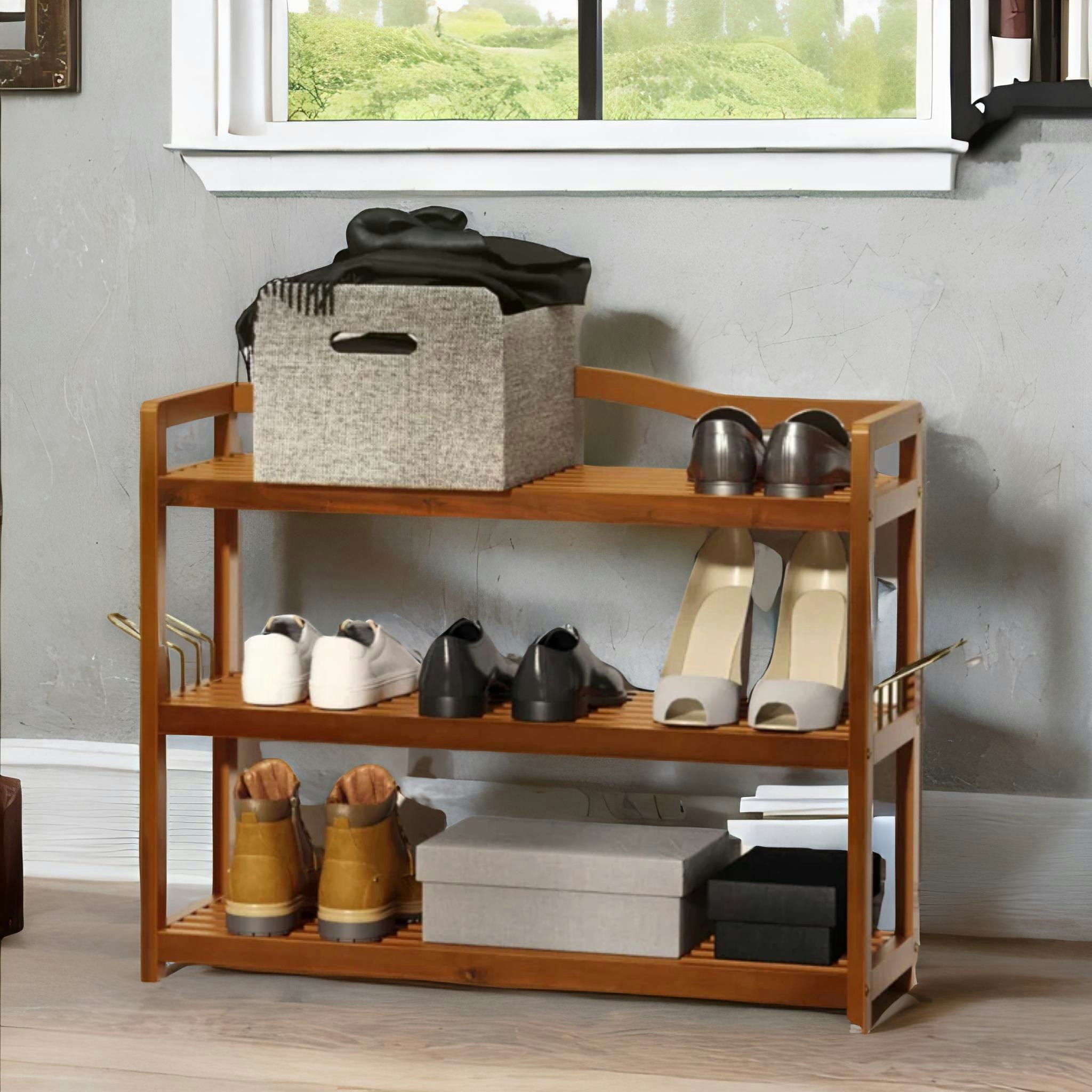 Rafaelo Mobilia Brown 3-Tier Wooden Vertical Shoe Rack With Hanging Hooks