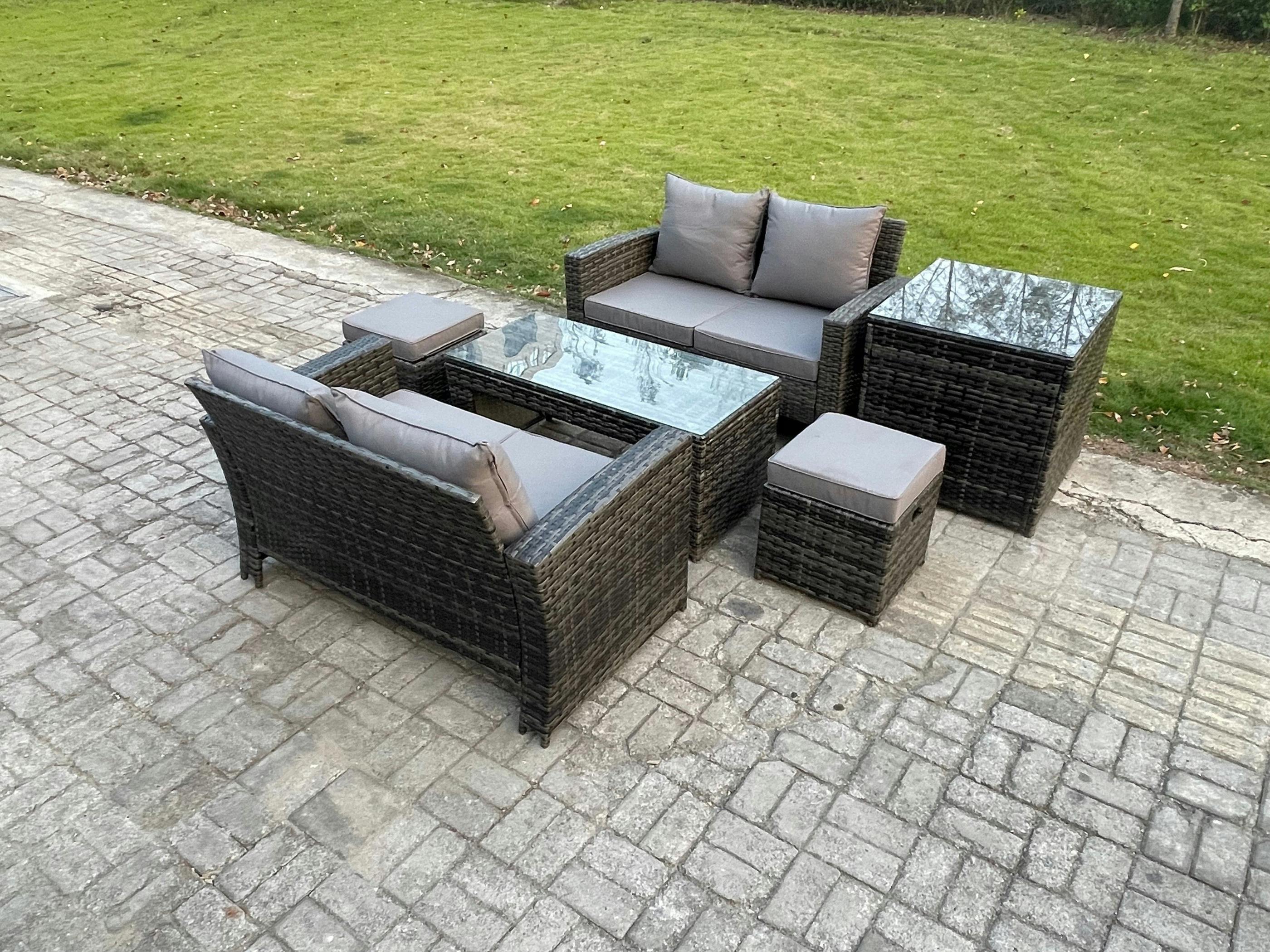 Fimous Dark/Grey 6 Pieces Garden Set, Poly Rattan Outdoor Patio Furniture, Pe Wicker, Side Table, 2 Small Footstools, Loveseat And Table, Mixed