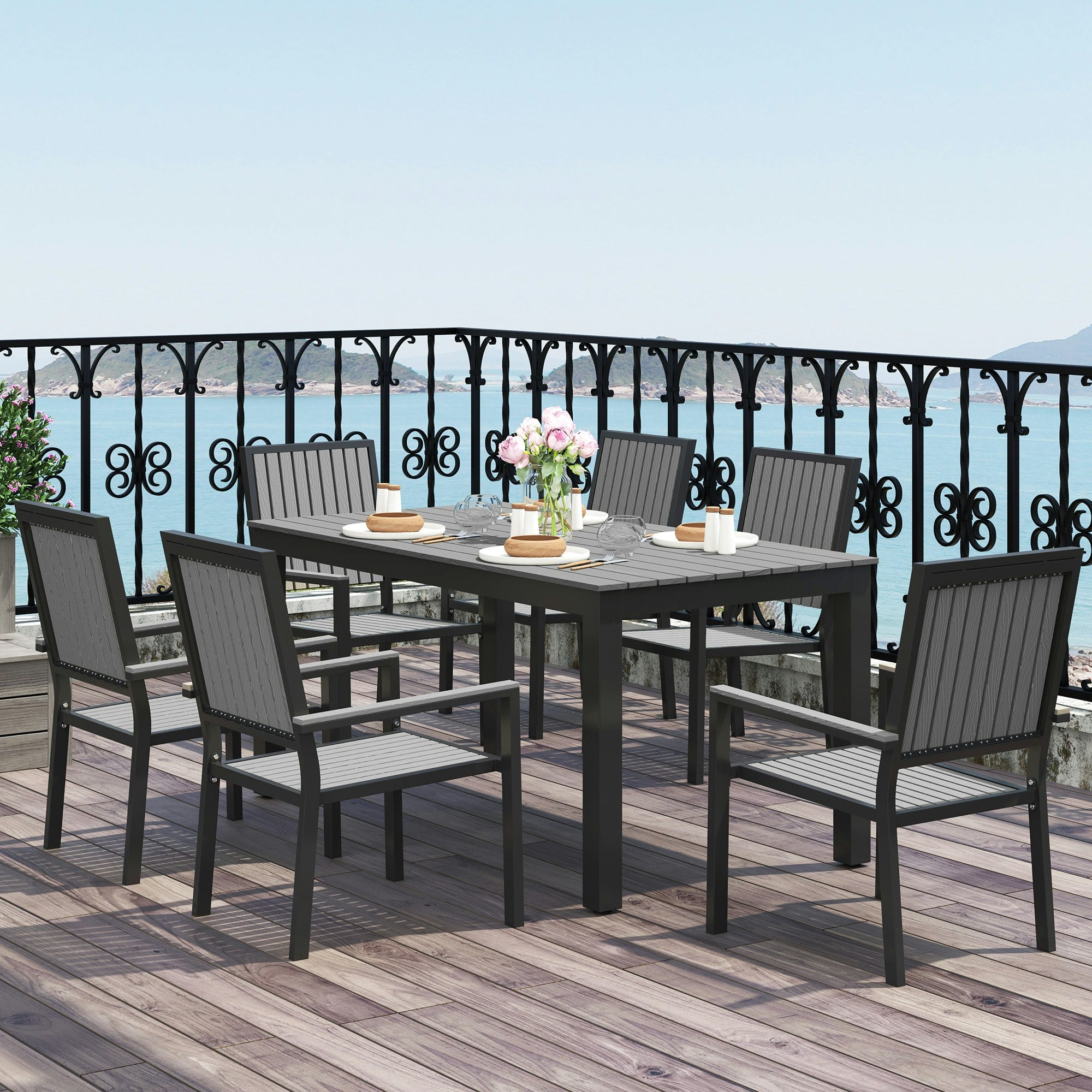Rackhams Brown/Grey 6 Seater Aluminium Garden Dining Set With Stackable Chairs, - Aluminium, Wood Plastic Composites - 85W X 160D X 75H Cm