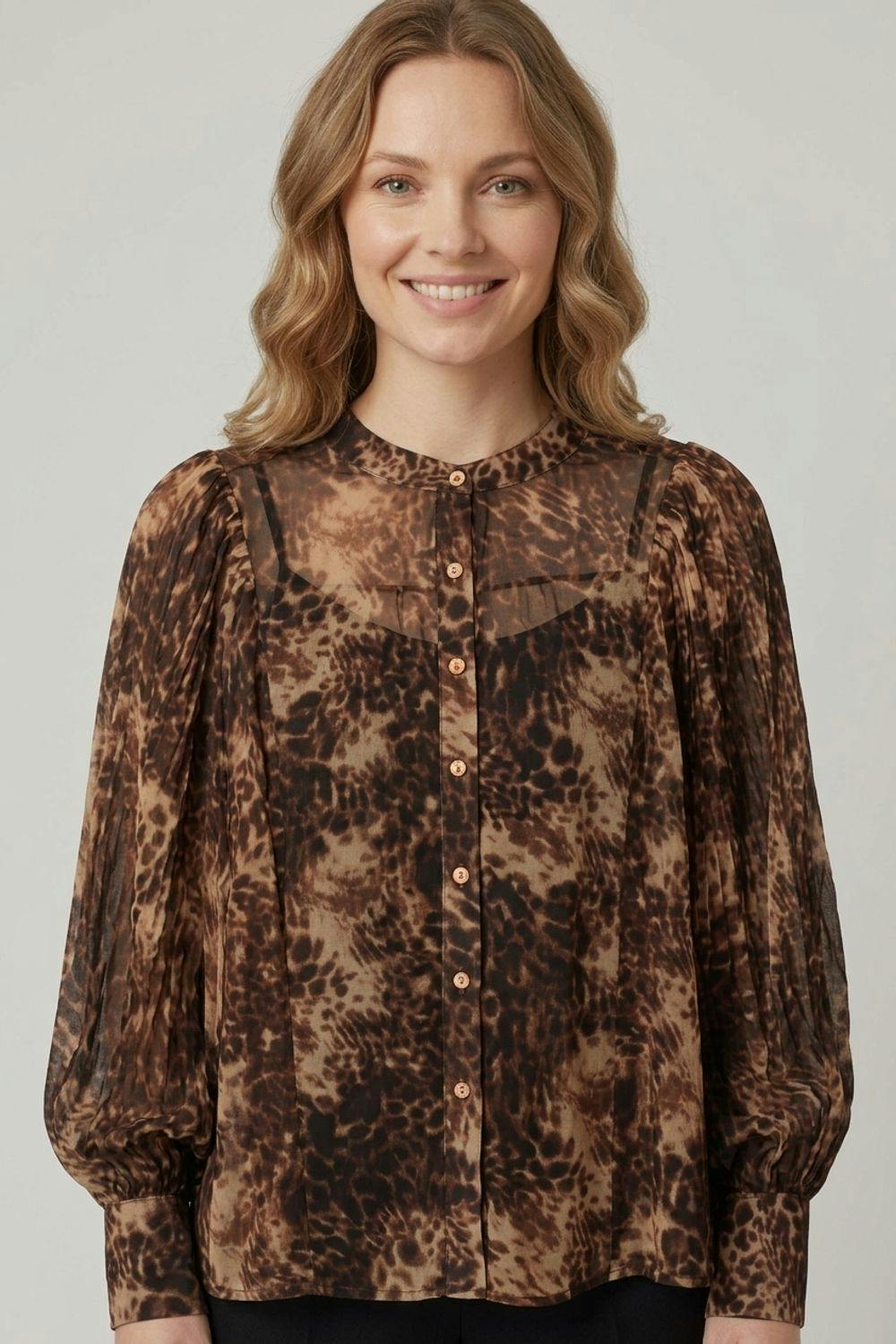 Izabel London Brown Animal Print Balloon Sleeve Shirt - 12