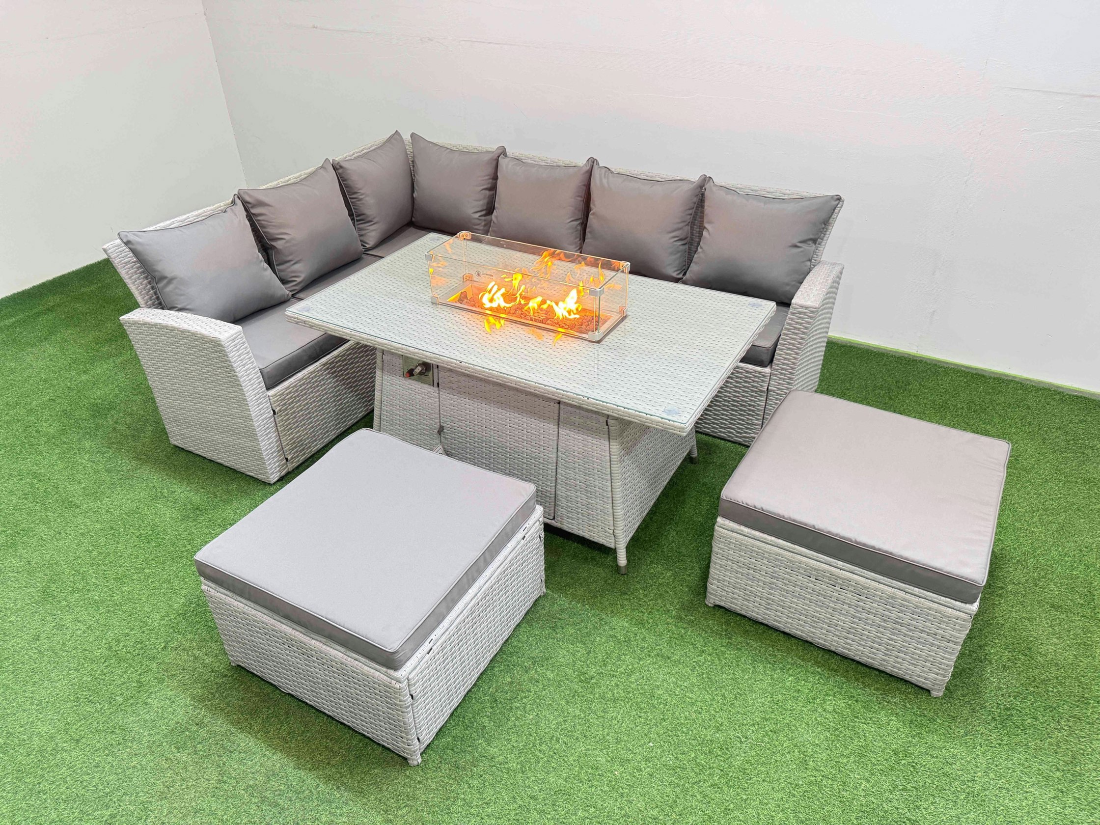 Fimous Light/Grey 8 Seat Rattan Garden Furniture Corner Sofa Set Outdoor Gas Fire Pit Table Sets With 2 Big Footstools