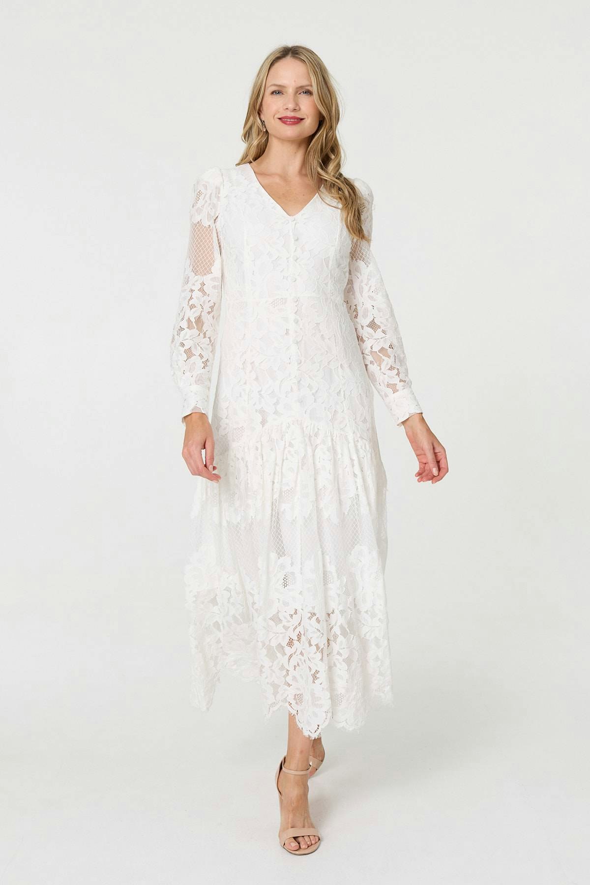Izabel London White Floral Lace Layer Long Sleeve Maxi Dress - 14