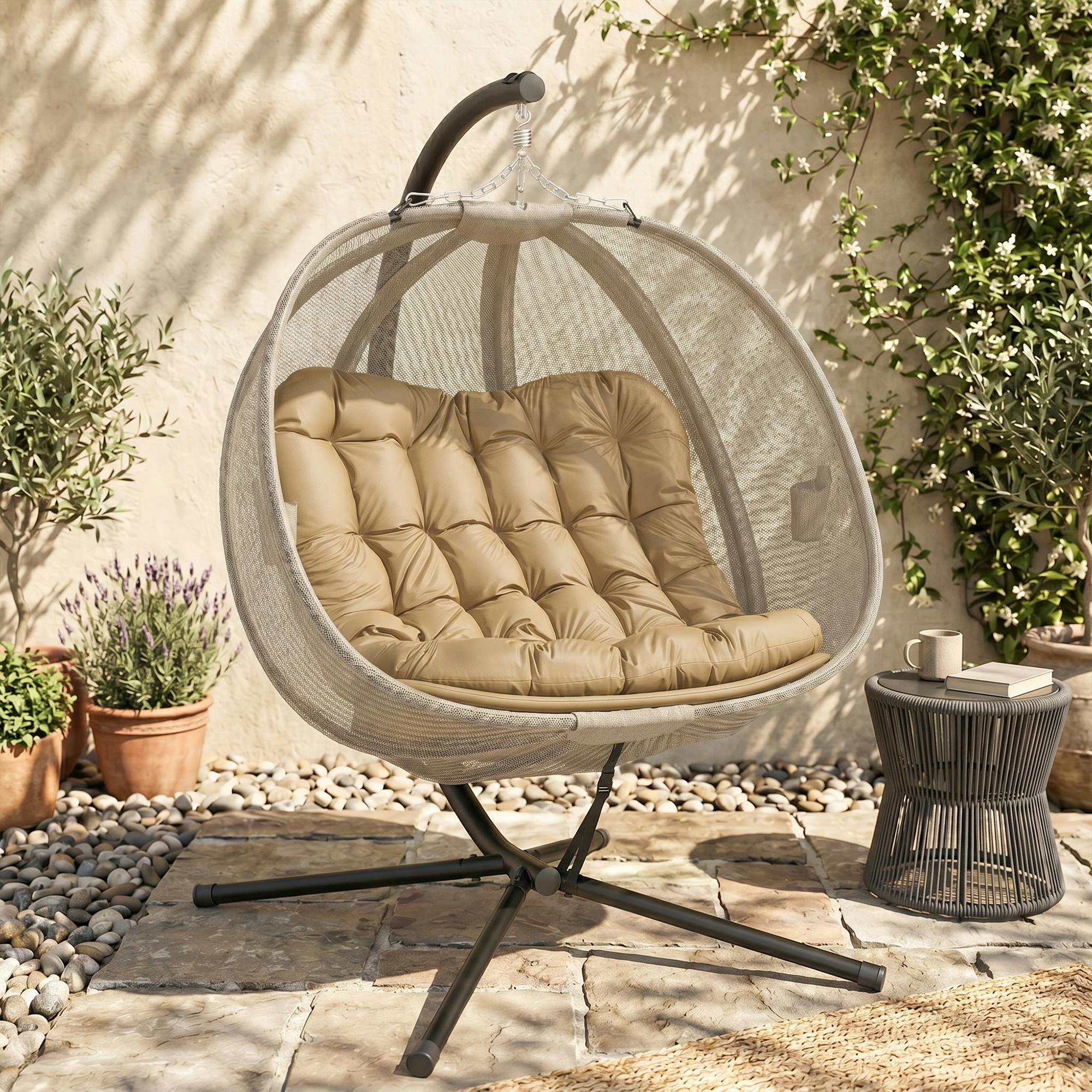 Outsunny Brown/Beige Double Hanging Egg Chair 2 Seaters Swing Hammock W/ Cushion,