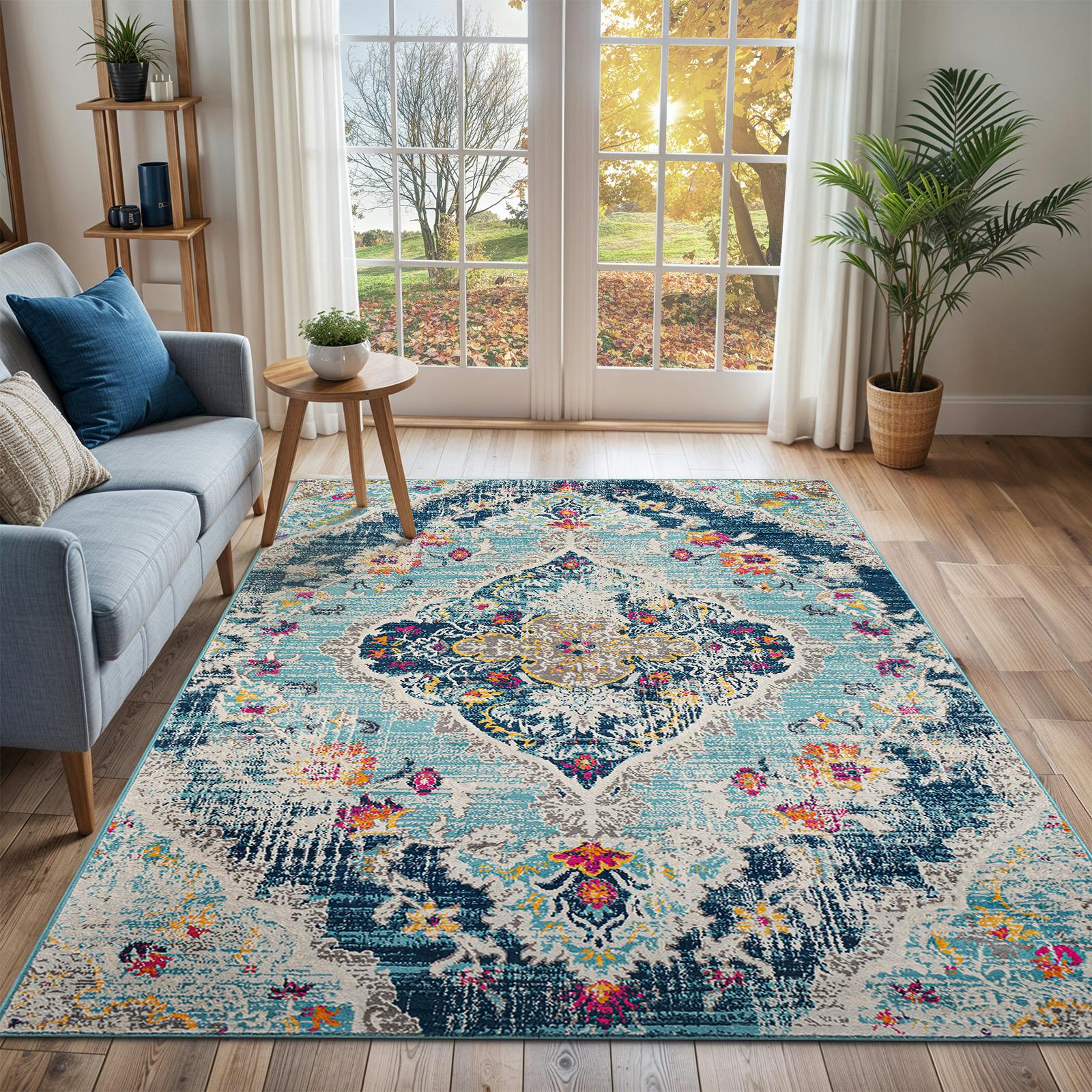 Rackhams Blue/Beige/Grey Floransa-Vintage Pink Traditional Boho Rug - 160 X 215 Cm