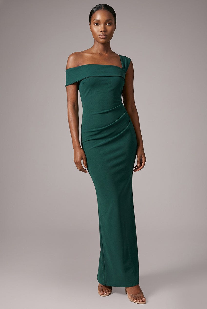 Goddiva Green Off The Shoulder Pleated Waist Maxi Dress - Emerald By - Emerald - 12