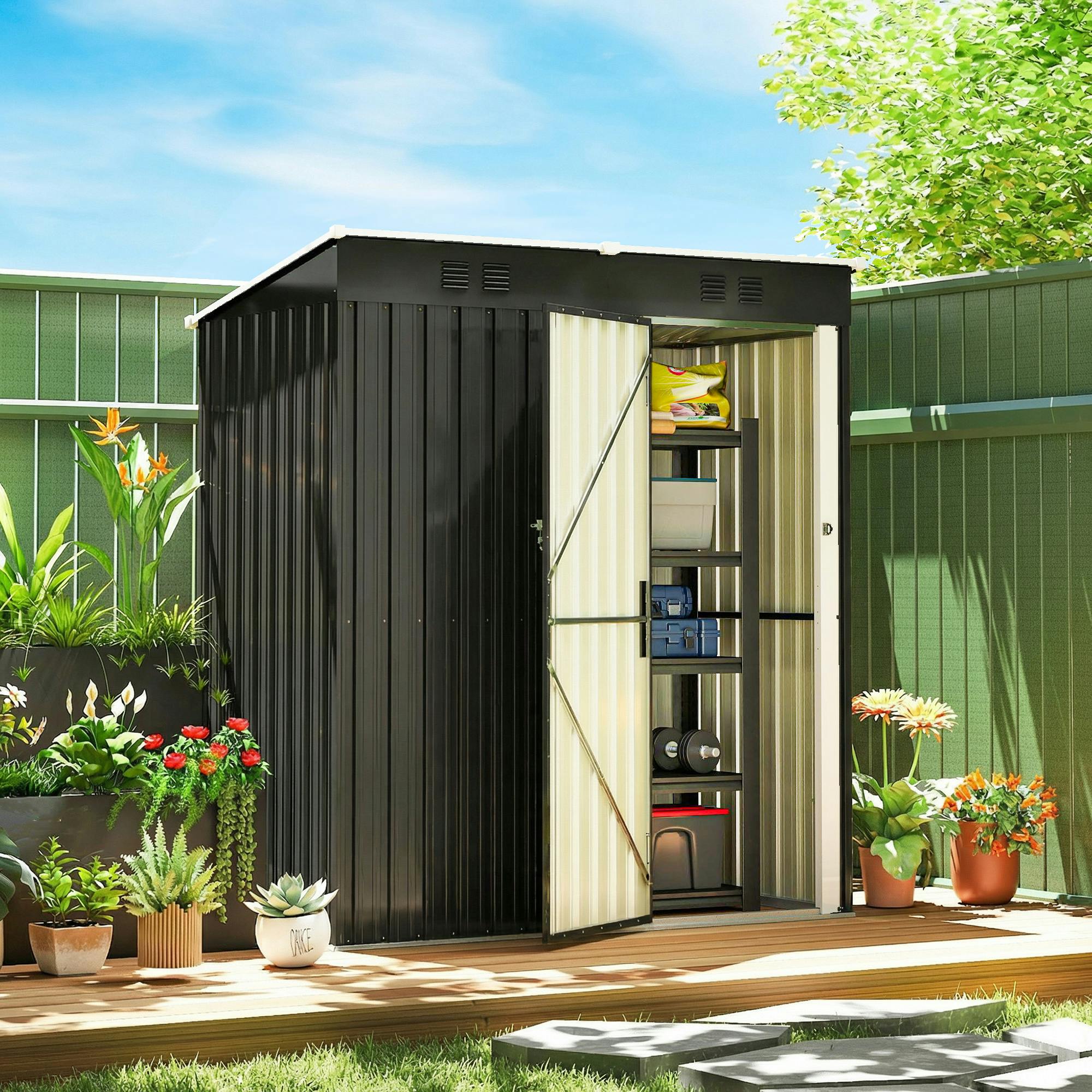 Outsunny Dark/Grey 5 X 3 Ft Lean-To Garden Shed, Outdoor Storage Shed,