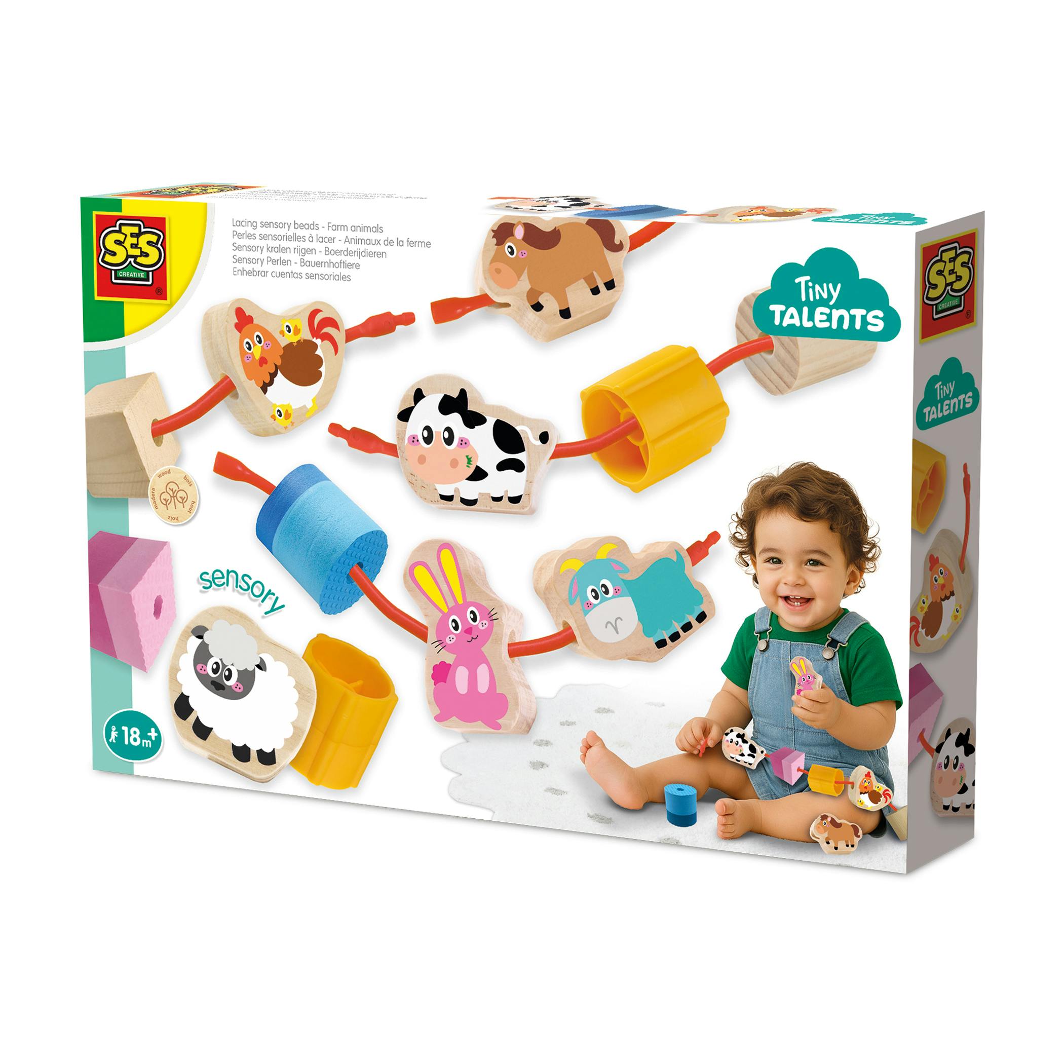 Ses Creative Brown Lacing Sensory Beads - Farm Animals - Wood - 1 - Na
