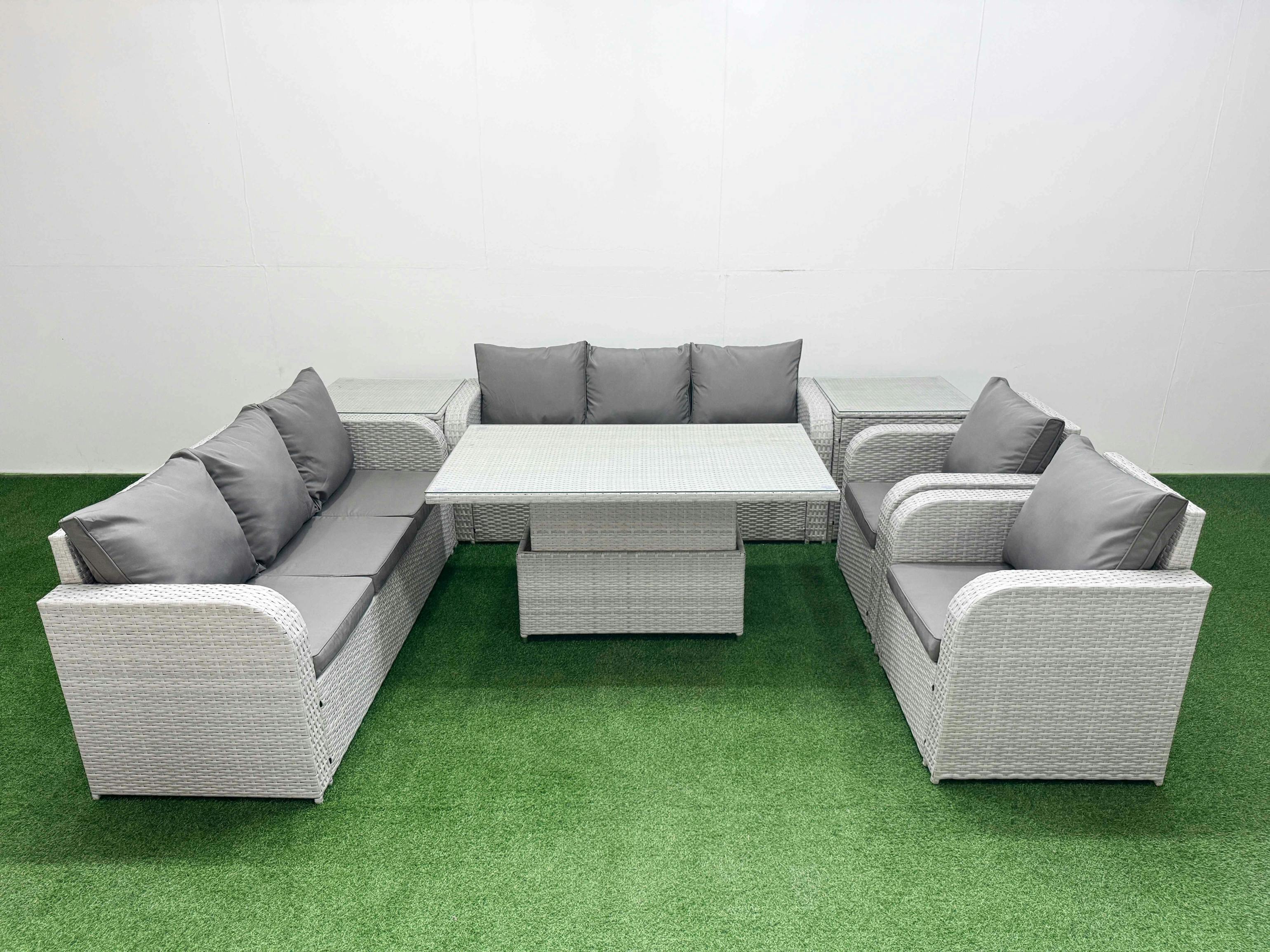 Rackhams Light/Grey 5 Seater Rattan Patio Set With Adjustable Height Table, 2 Sofas, 2 Reclining Chairs And 2 Side Tables
