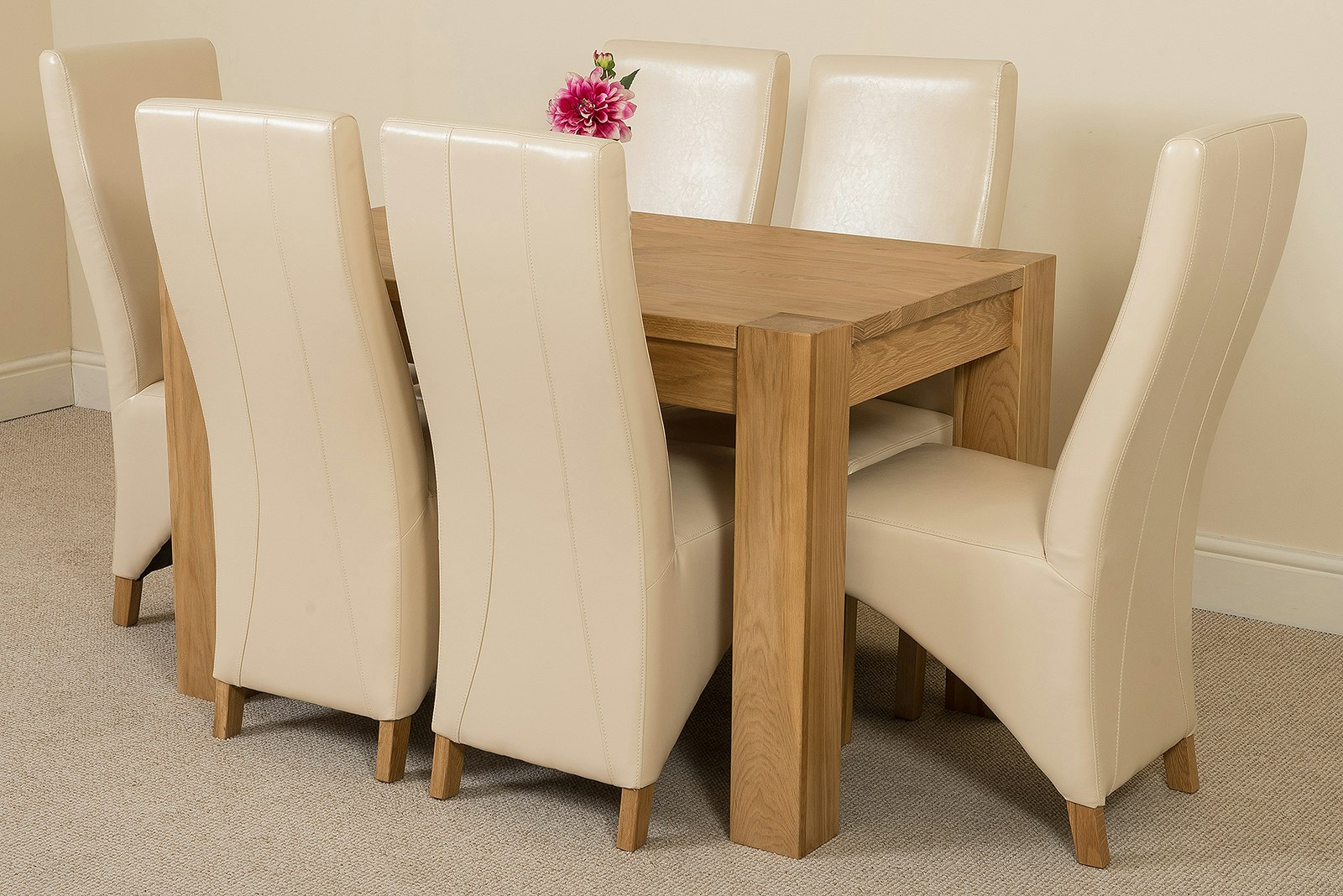 Rackhams Ivory Kuba Oak Dining Table With Lola Leather Chairs - 6 Chairs 125X80x77cm