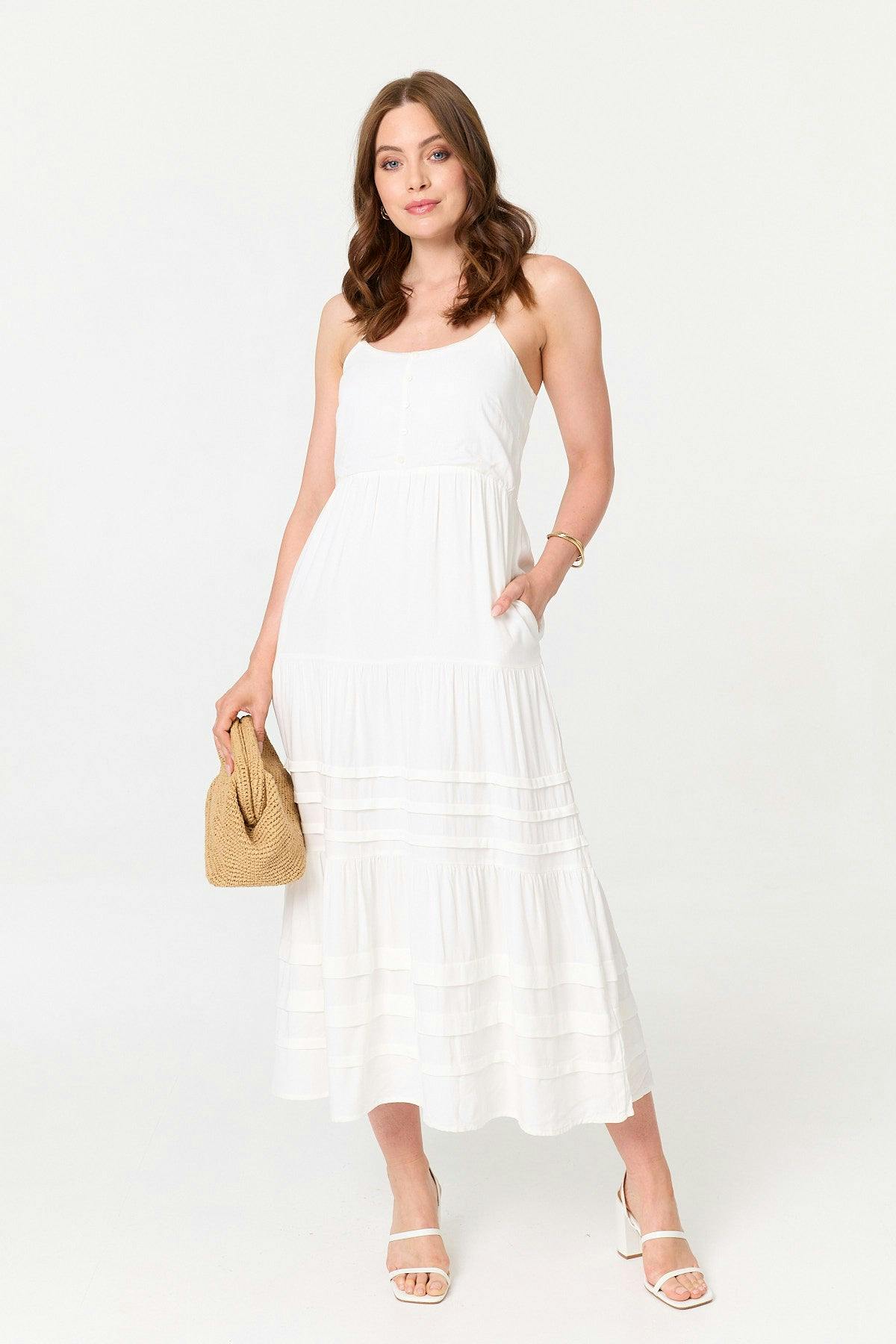 Izabel London White Cami Strap Tiered Midi Dress - 16
