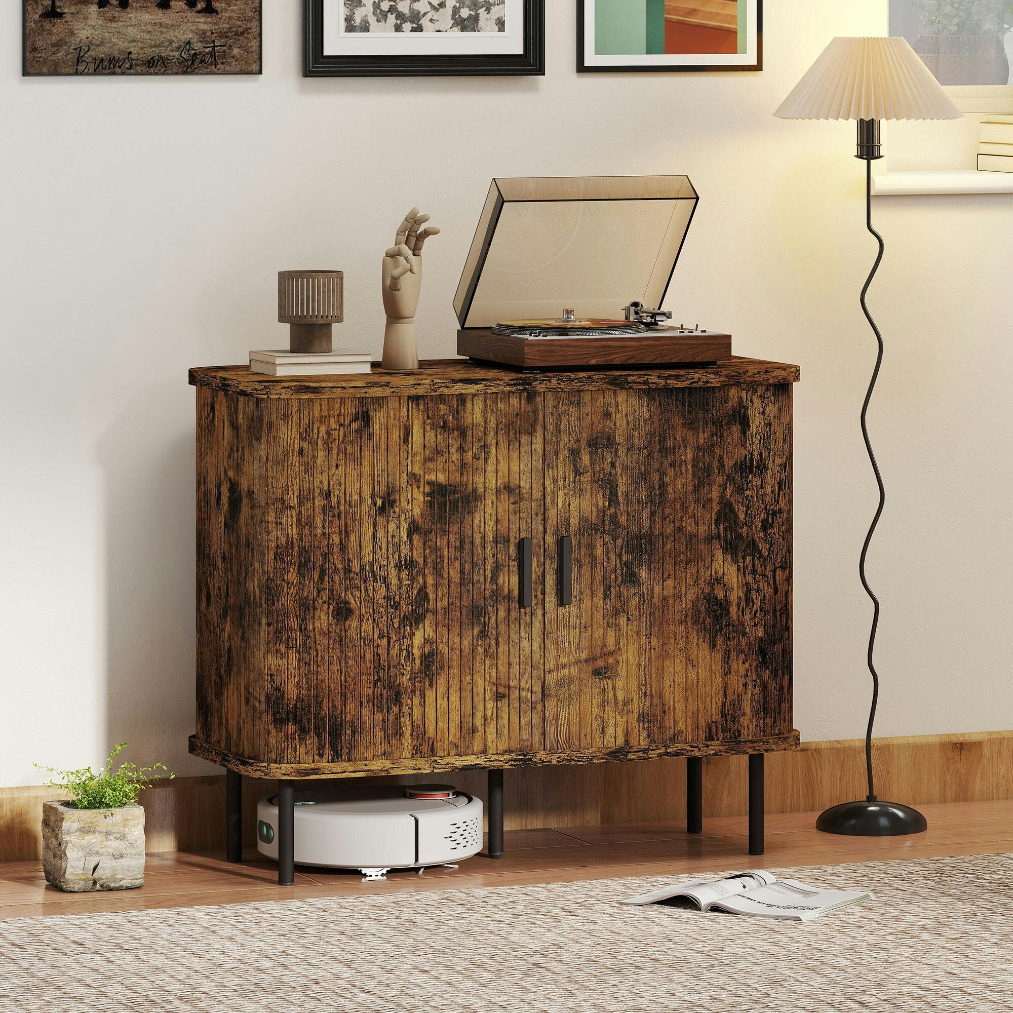 Rackhams Grey/Brown Sideboard Storage Cabinet With Slatted Tambour Sliding Doors - Rustic