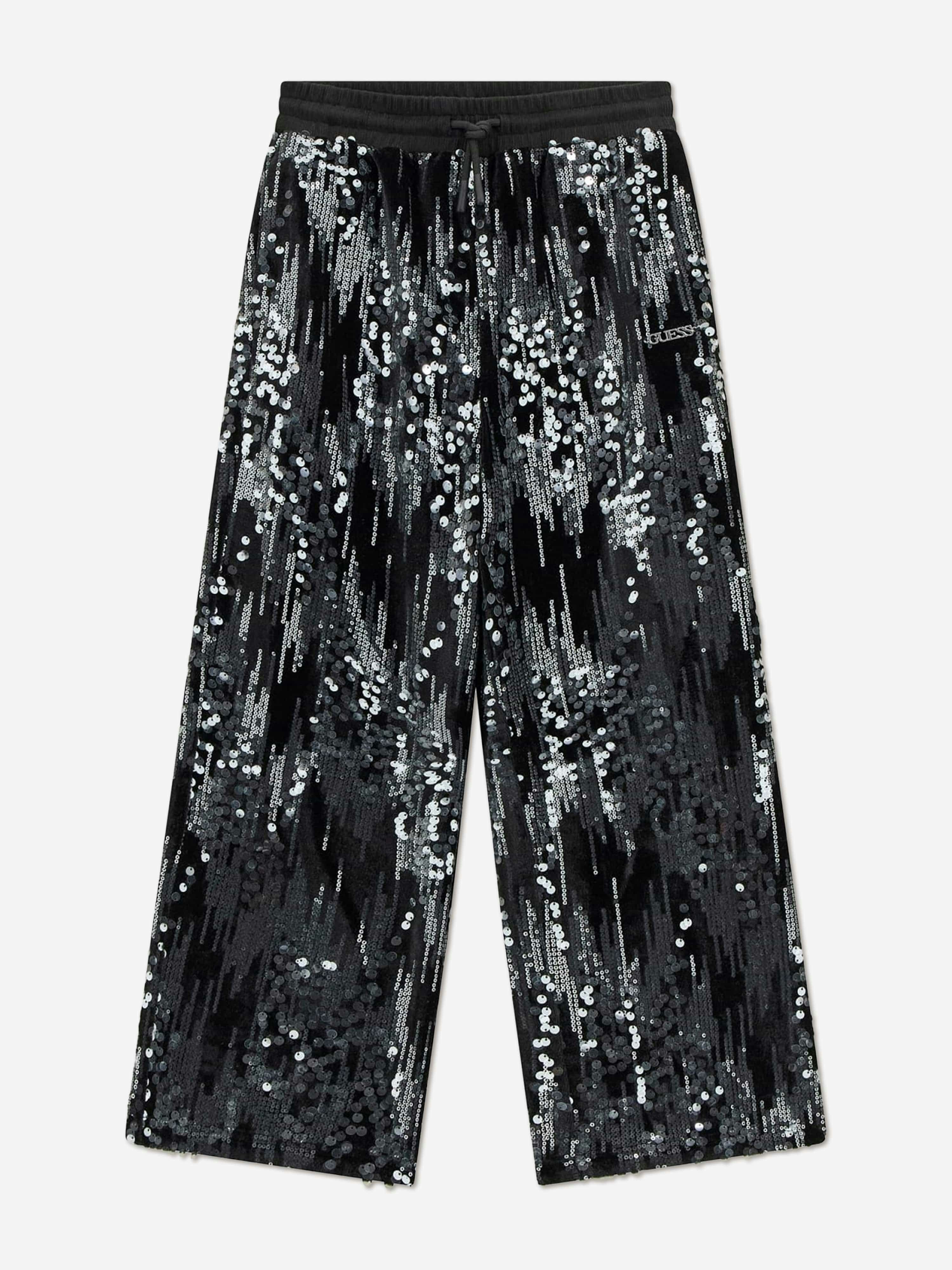 Guess Girls Black Sequin Wide Leg Trousers In - 8 Yrs