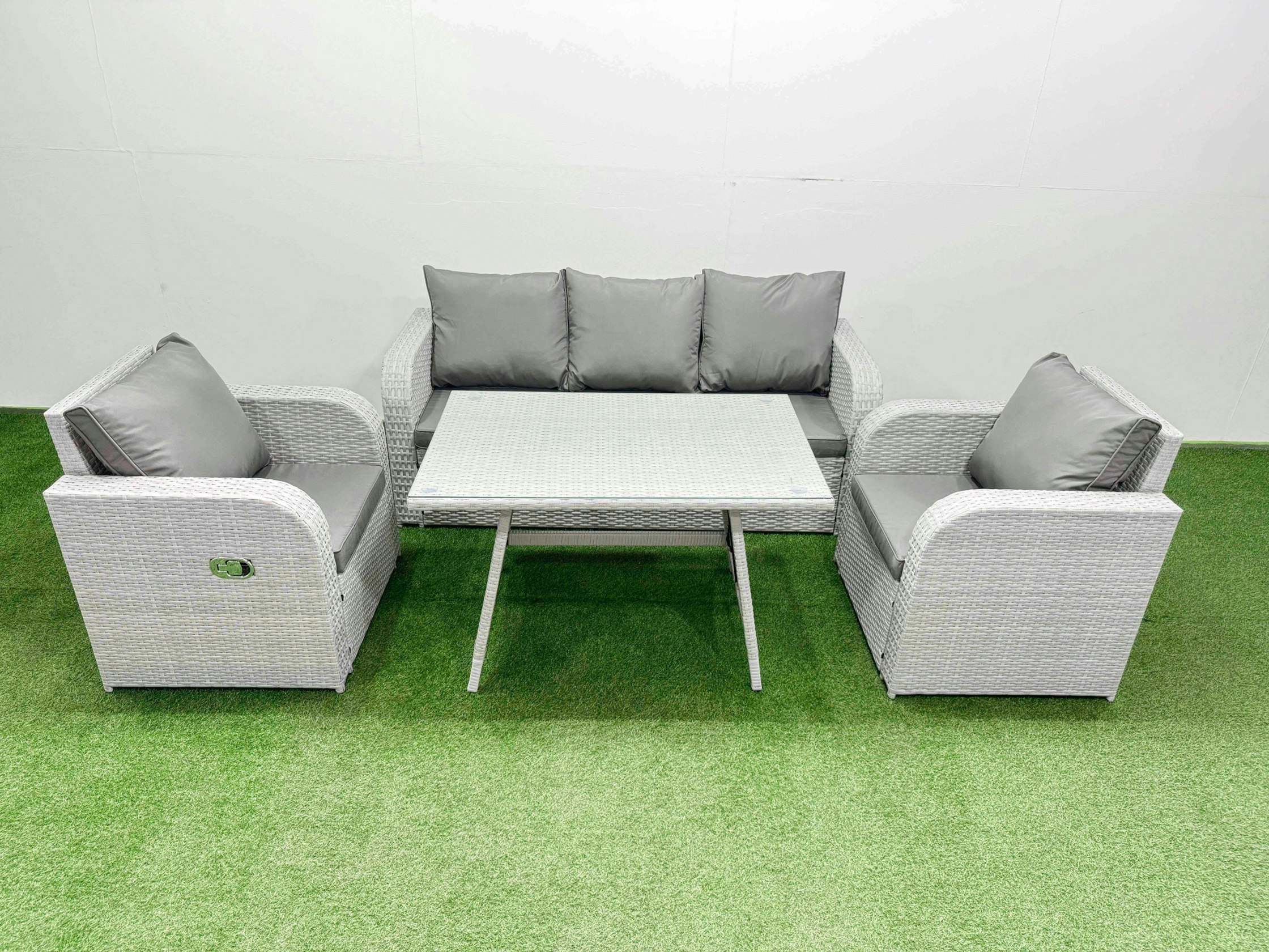 Rackhams Light/Grey Reclining Chair 3 Seat Sofa Set Garden Furniture Set With Rectangular Dining Table