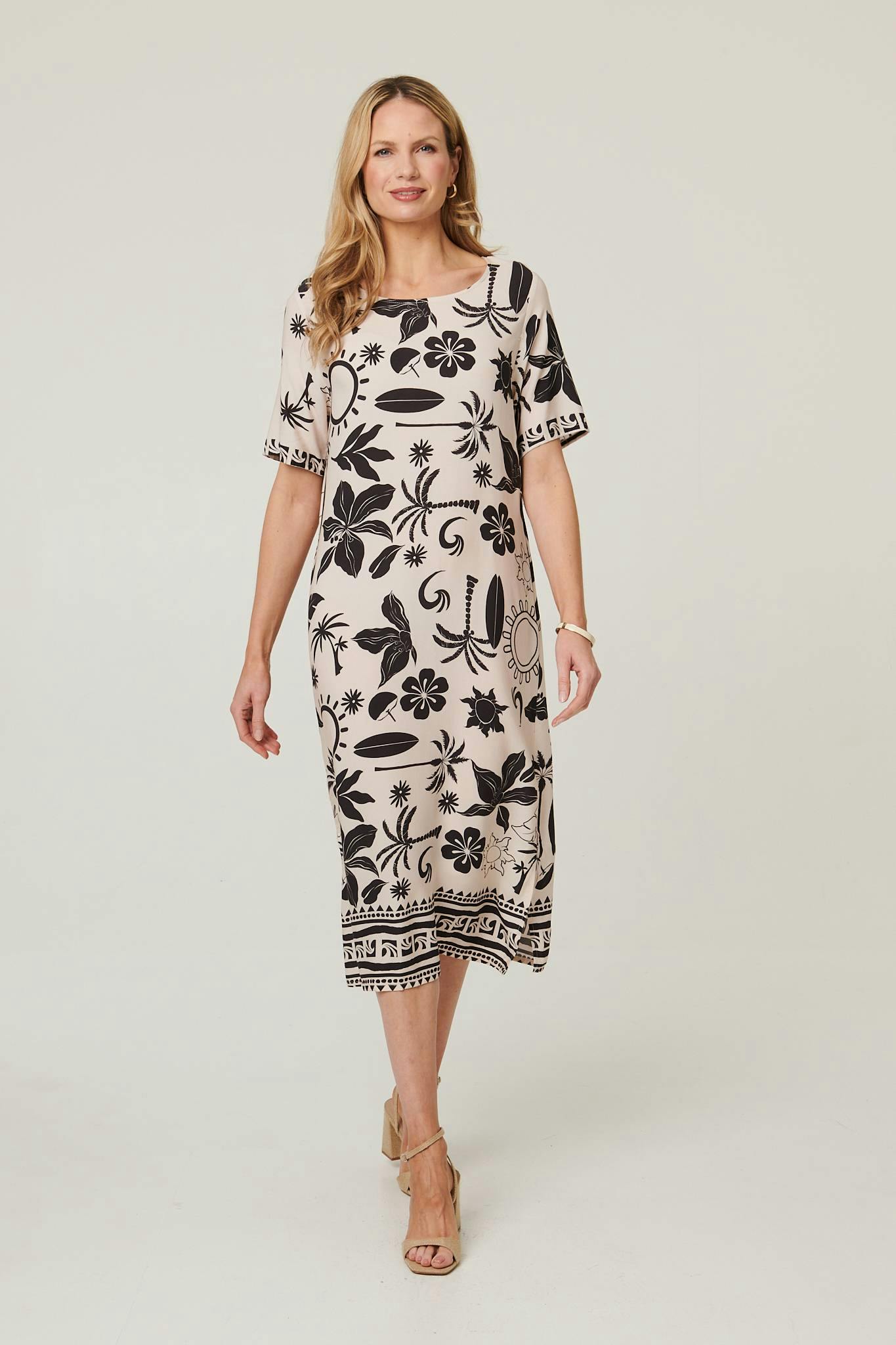 Izabel London Ivory Printed 1/2 Sleeve Midi Shift Dress - 12