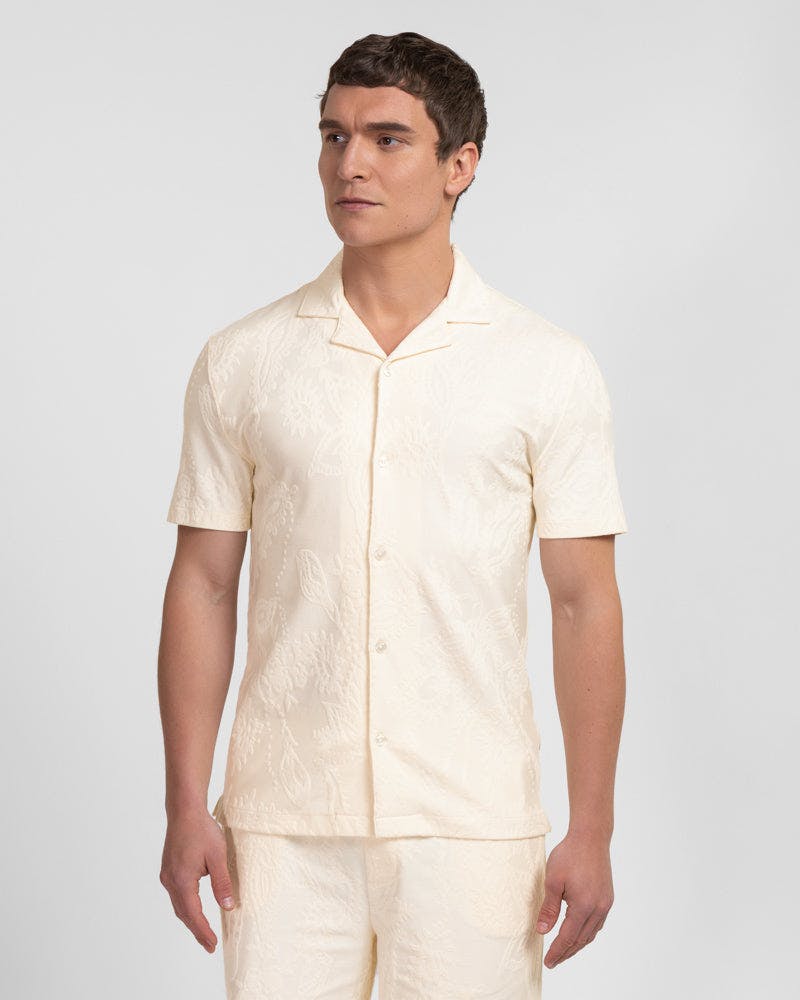 Steel & Jelly Blue Kenton - Paisley Texture Jersey Short Sleeve Shirt - Ecru - L