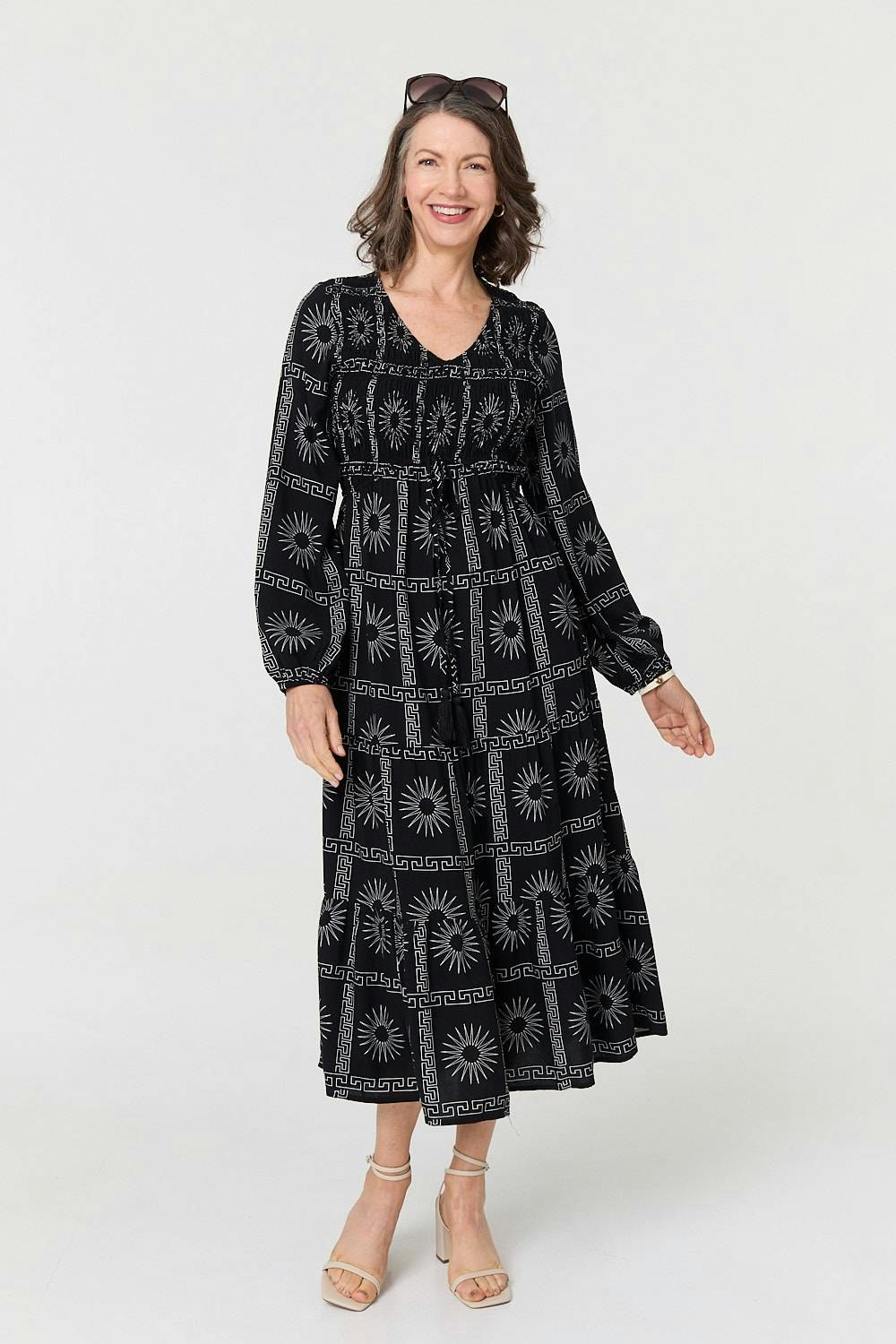 Izabel London Black Printed Long Sleeve Tie Waist Midi Dress - 8