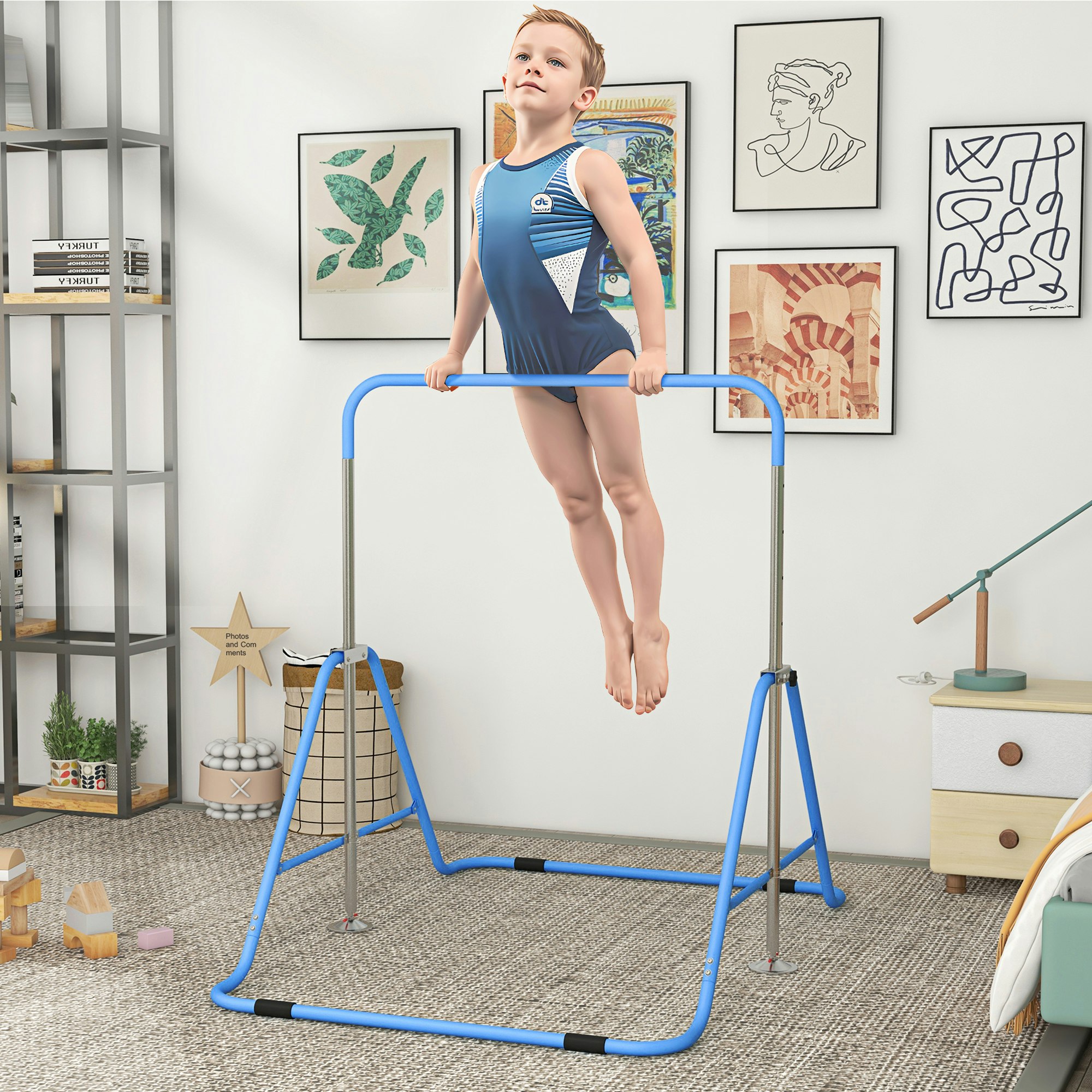 Homcom Blue Kids Gymnastic Bar W/ Adjustable Height, Foldable Training Bar