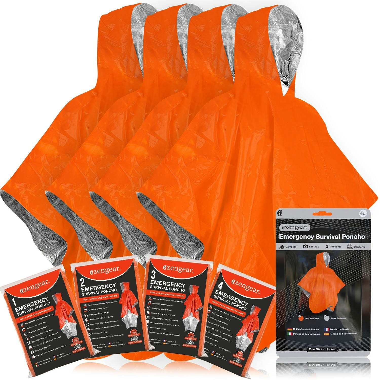 Azengear Orange/Silver Reversible Emergency Survival Foil Poncho (4Pc)