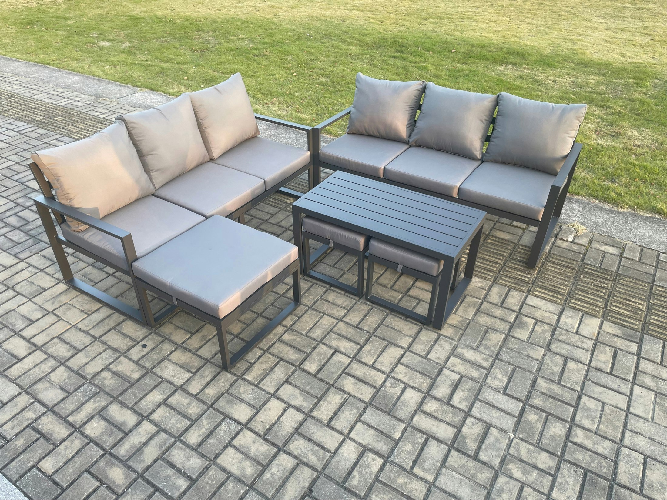 Fimous Dark/Grey Aluminium Patio Outdoor Garden Furniture Lounge Sofa Set With Oblong Coffee Table 3 Footstools