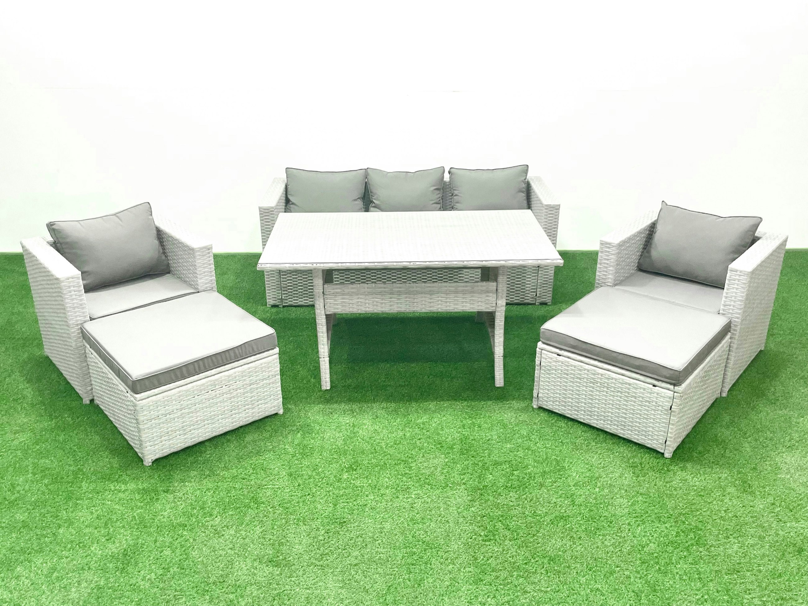 Rackhams Light/Grey Garden Dining Set Outdoor Rattan Furniture Set With Sofa Dining Table 2 Chairs 2 Big Footstools Mixed