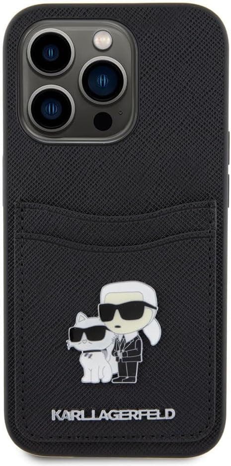 Karl Lagerfeld Black Saffiano Card Slot Karl & Choupette Metal Pin Case For Iphone 15 Pro 6.1" - Klhcp15lsaplcnpk