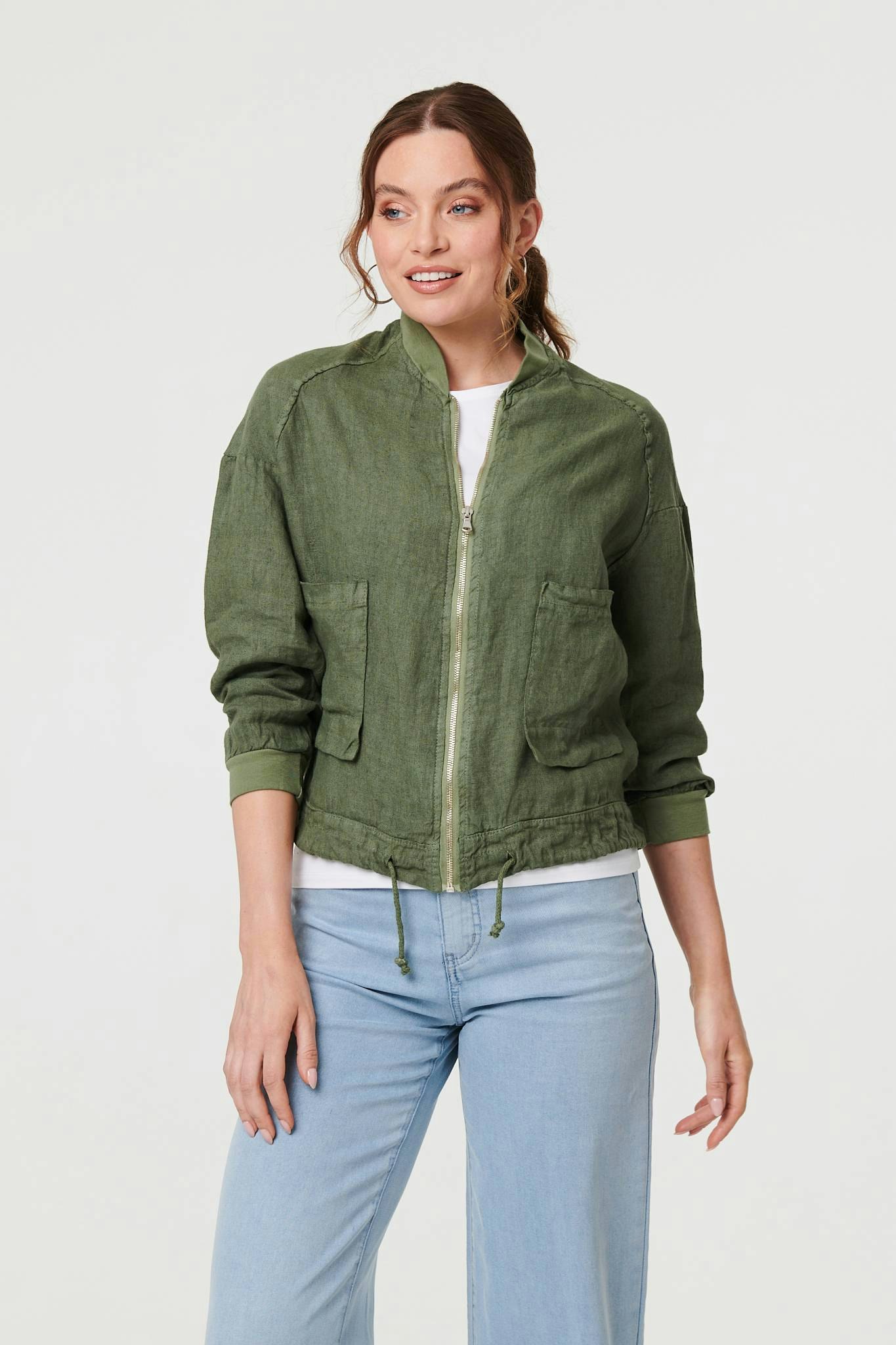 Izabel London Pocket Detail Zip Front Bomber Jacket - Khaki - 14