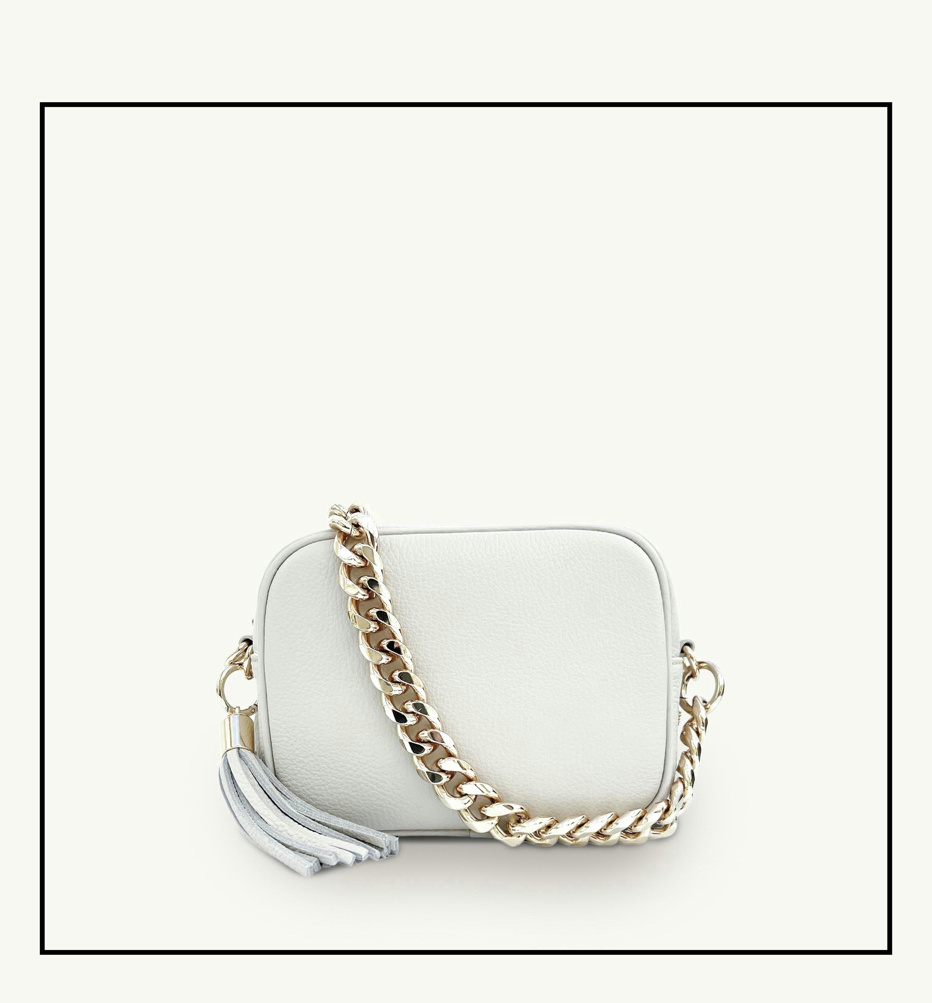 Apatchy London White/Gold The Tassel Leather Crossbody Bag With Chain Strap 7Cm
