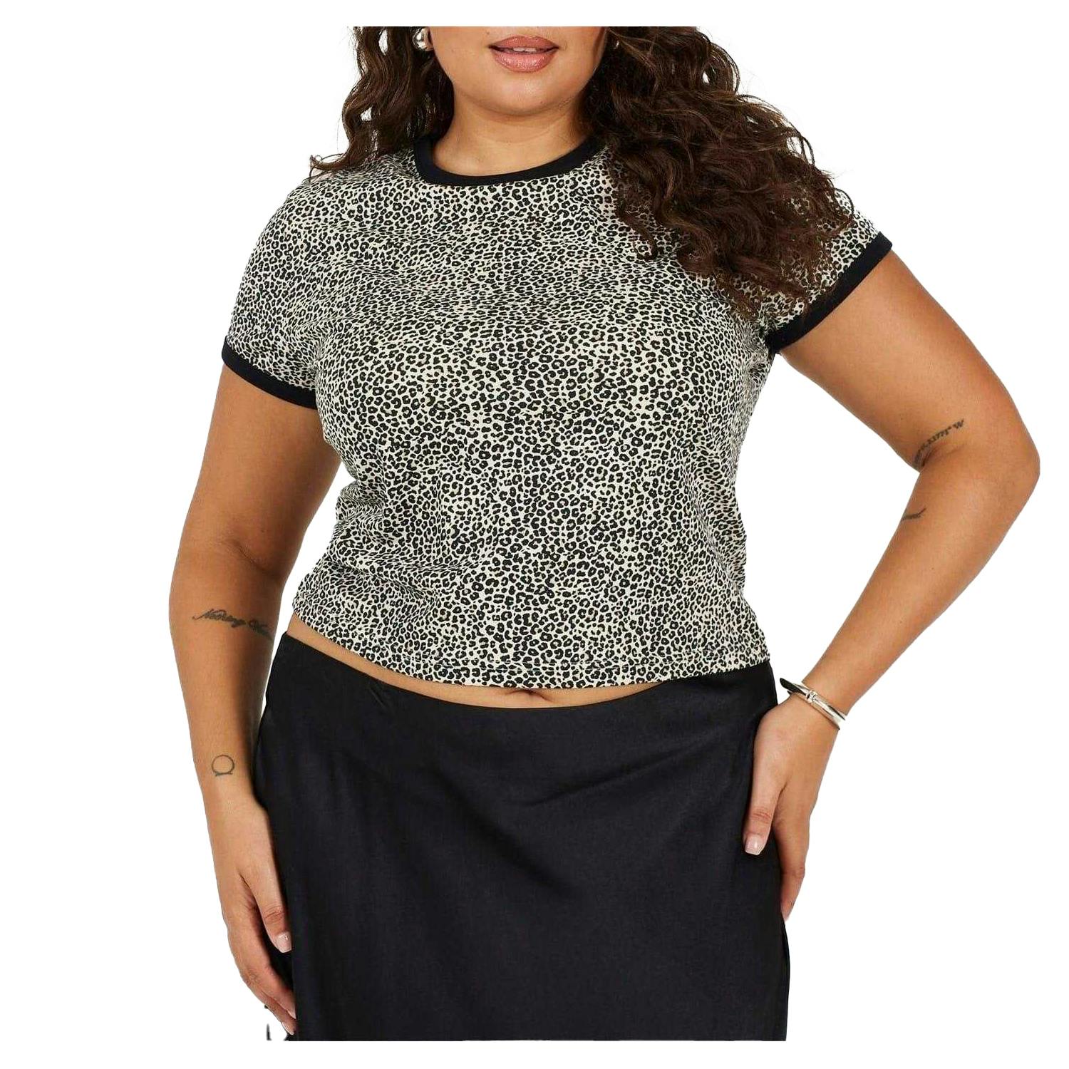 Brave Soul Women's Black Leopard Print Cropped Plus T-Shirt - Leopard/ - 5XL - Leopard/ - 100% Cotton