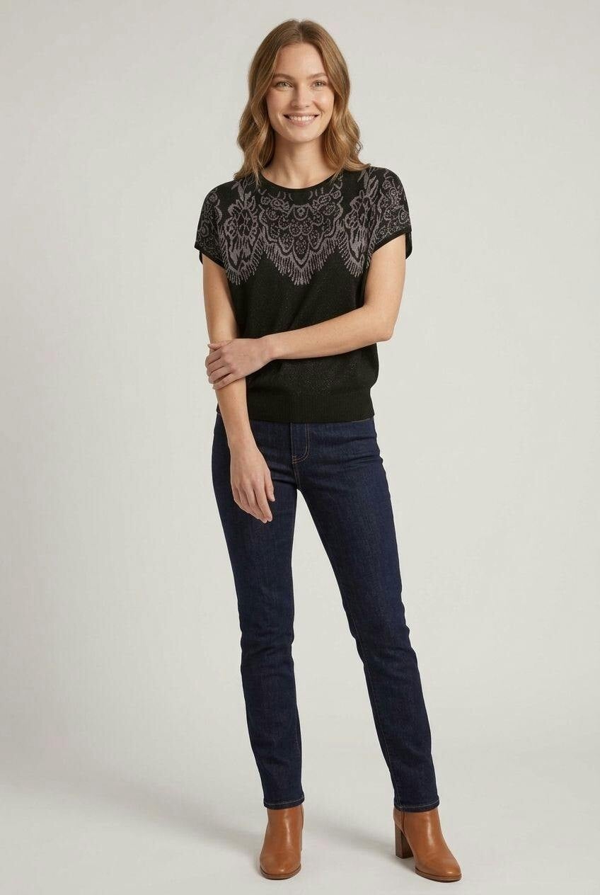 Izabel London Black Border Print Short Sleeve Knit Top - 16