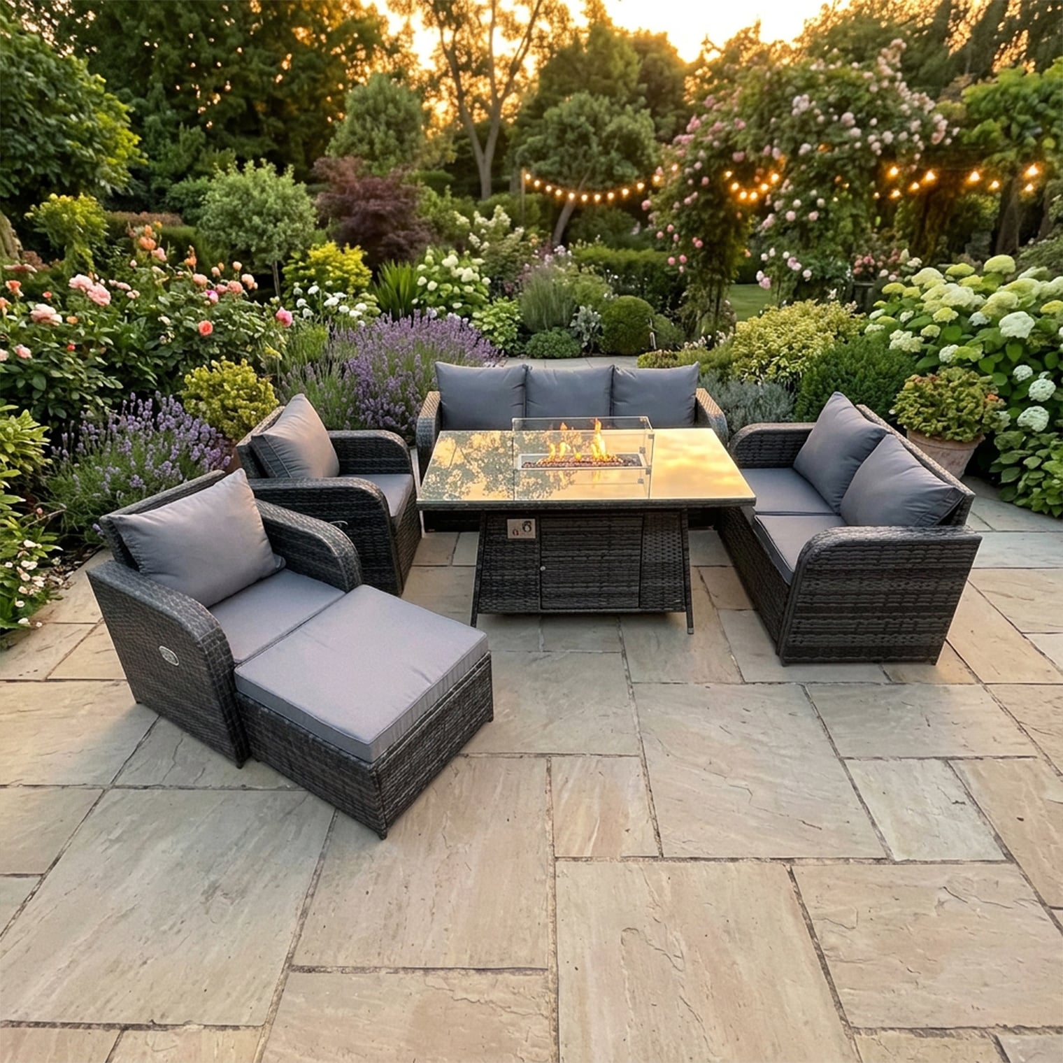 Fimous Dark/Grey 8 Seater Rattan Garden Furniture Set With Gas Fire Pit Table, 2 Sofas, 2 Reclining Chairs & 1 Footstool - Mixed