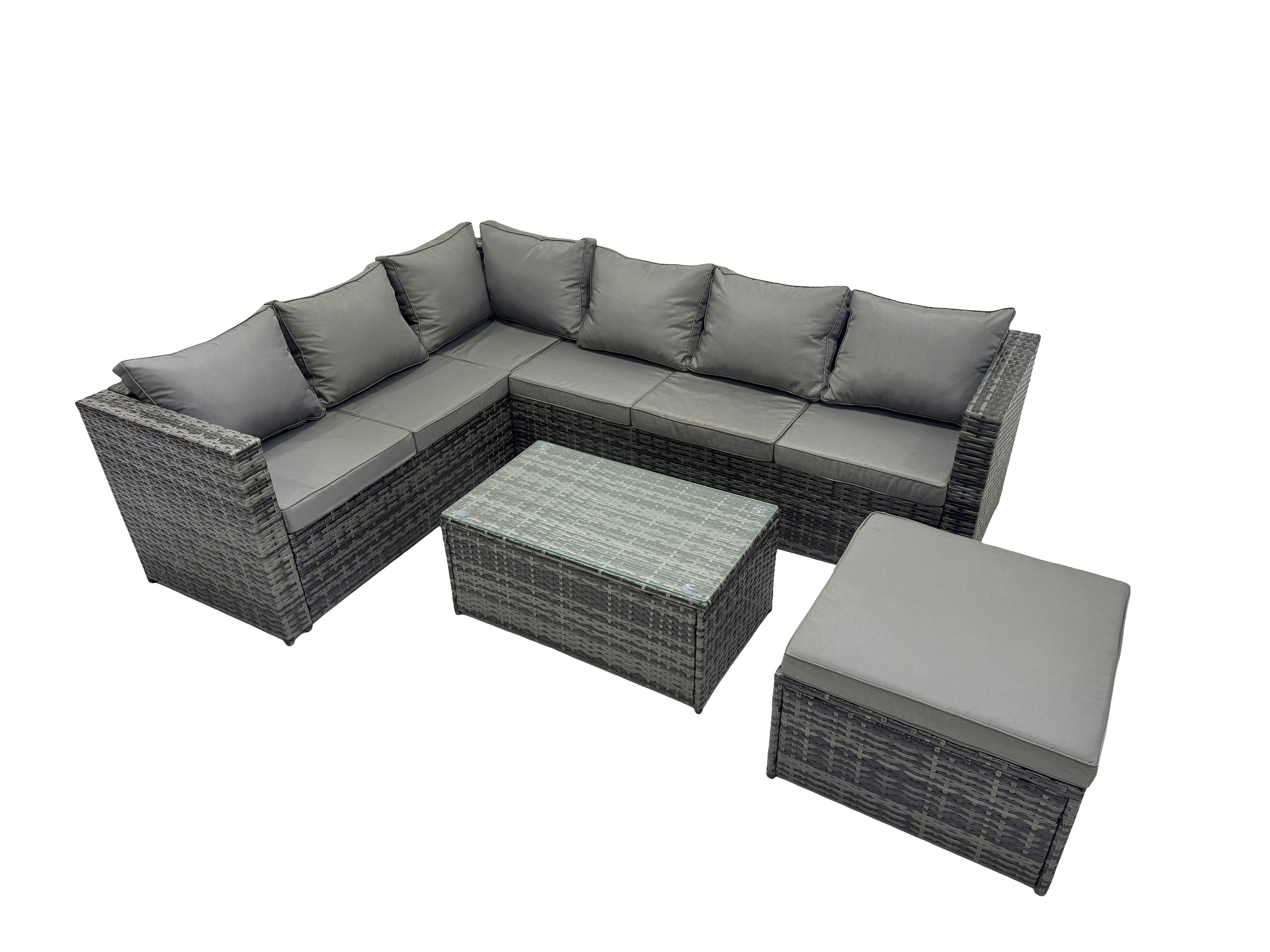 Rackhams Dark/Grey Outdoor Rattan Rectangular Coffee Table Corner Sofa Setss Garden Furniture Set With Big Stool Mixed